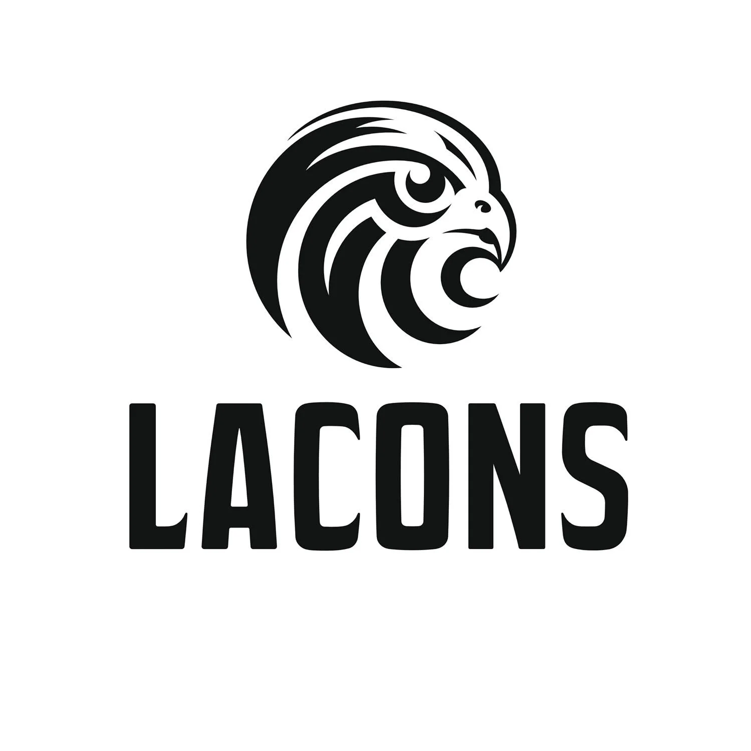 Black and white logo of a stylized eagle head with the word 'LACONS' below.