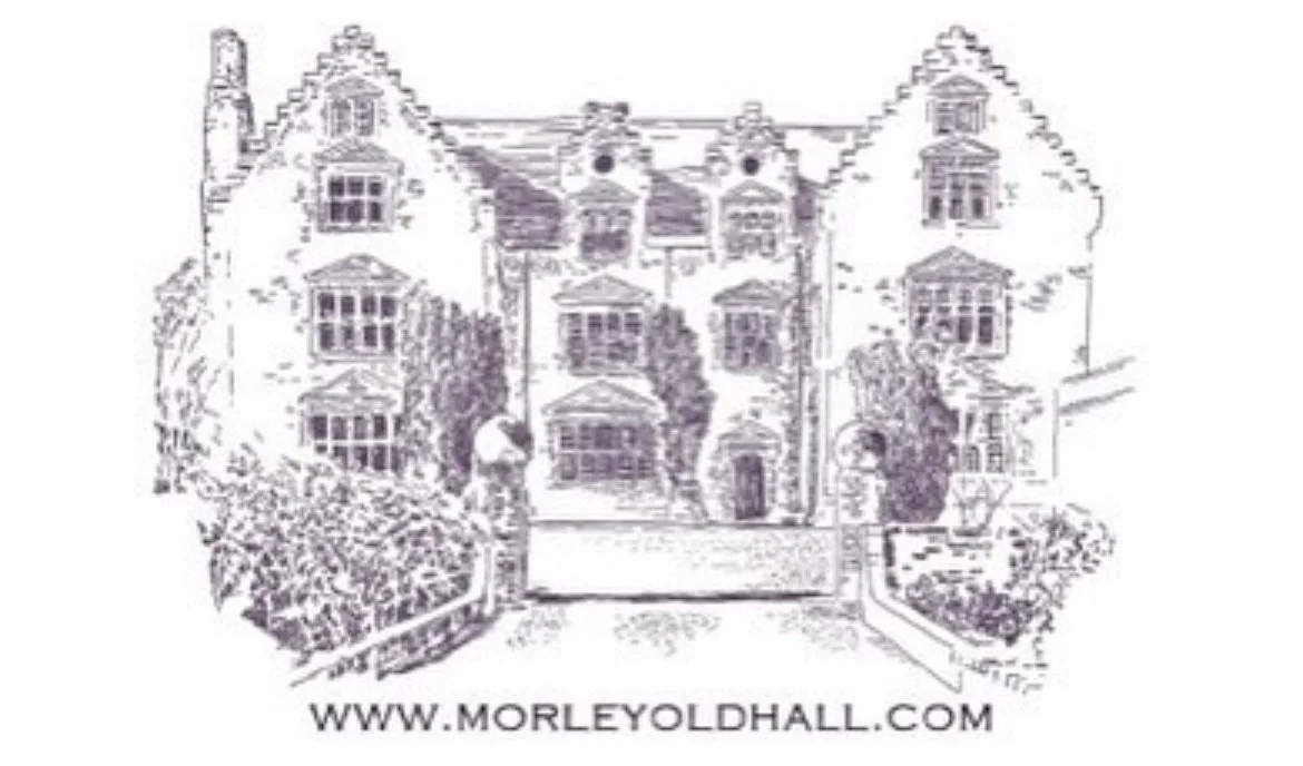 Drawing of a large historic building, possibly a mansion, with many windows and detailed architecture. The website URL "WWW.MORLEYOLDHALL.COM" is at the bottom.