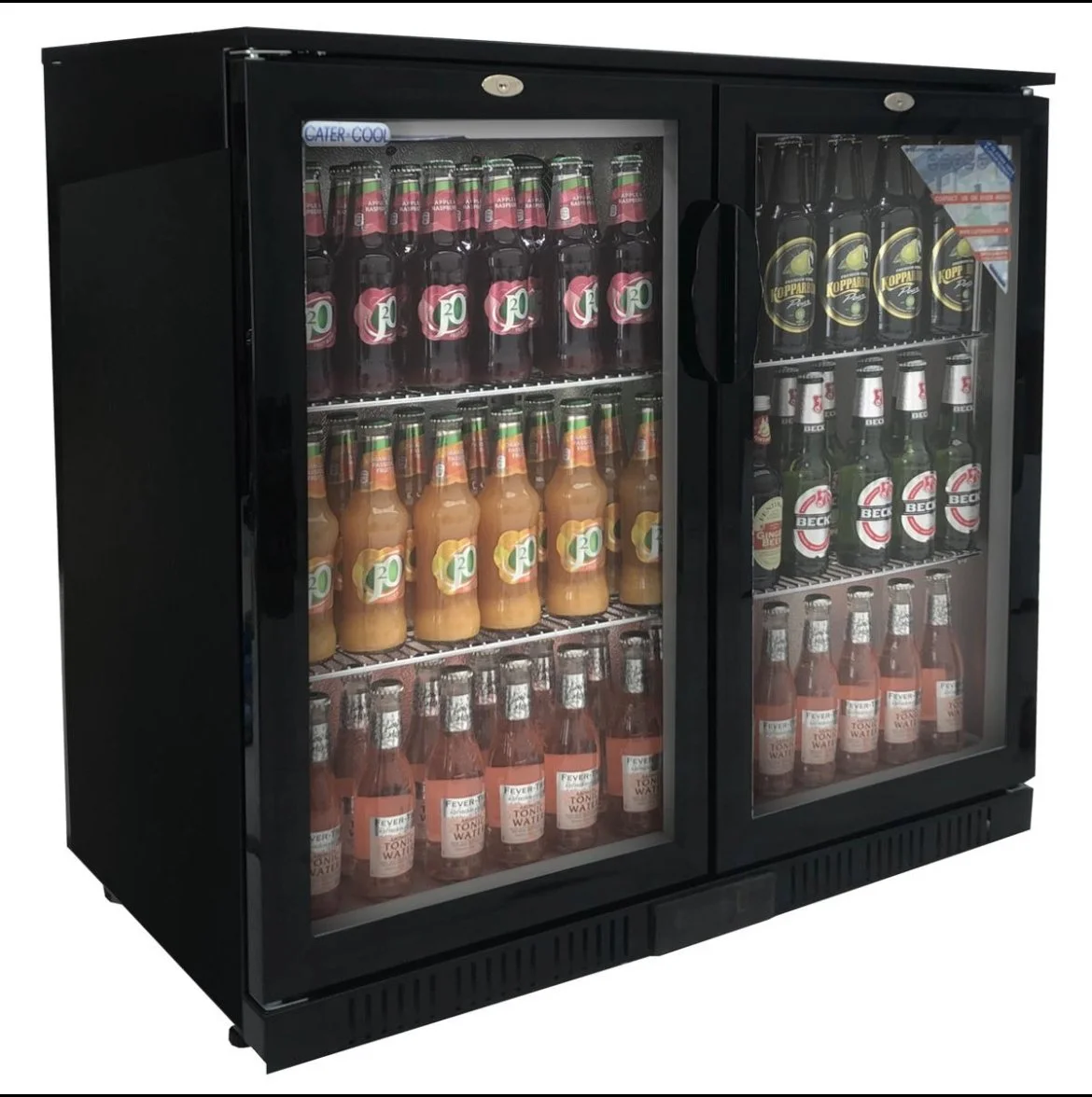 A black beverage refrigerator with glass doors, stocked with bottles of different kinds of soda and alcoholic drinks.