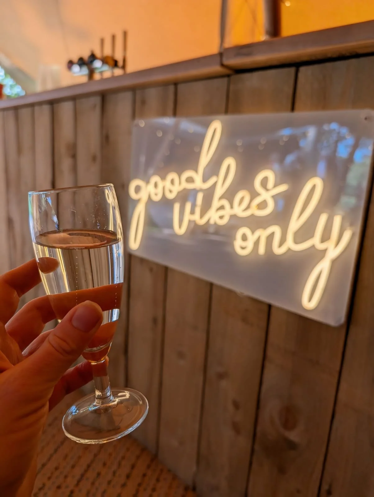 Person holding a glass of sparkling wine or champagne in front of a wooden wall with a neon sign that says 'good vibes only'.