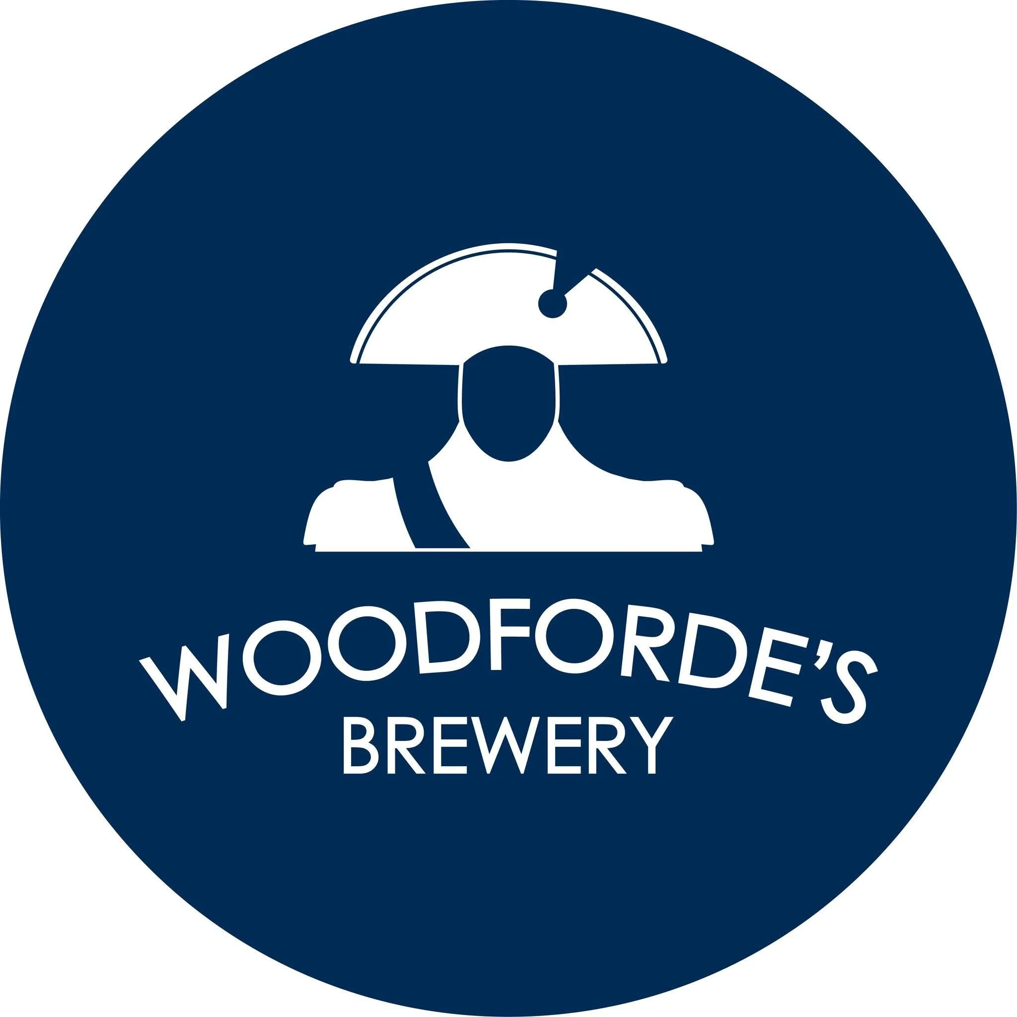 Logo for Woodforde's Brewery featuring a stylized silhouette of a person with a gauge or dial on their head, with the text 'Woodforde's Brewery' below.