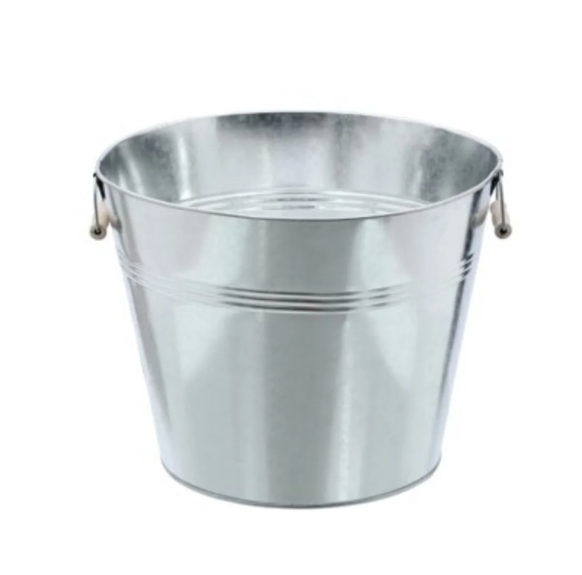 A silver metal bucket filled with water against a plain white background.