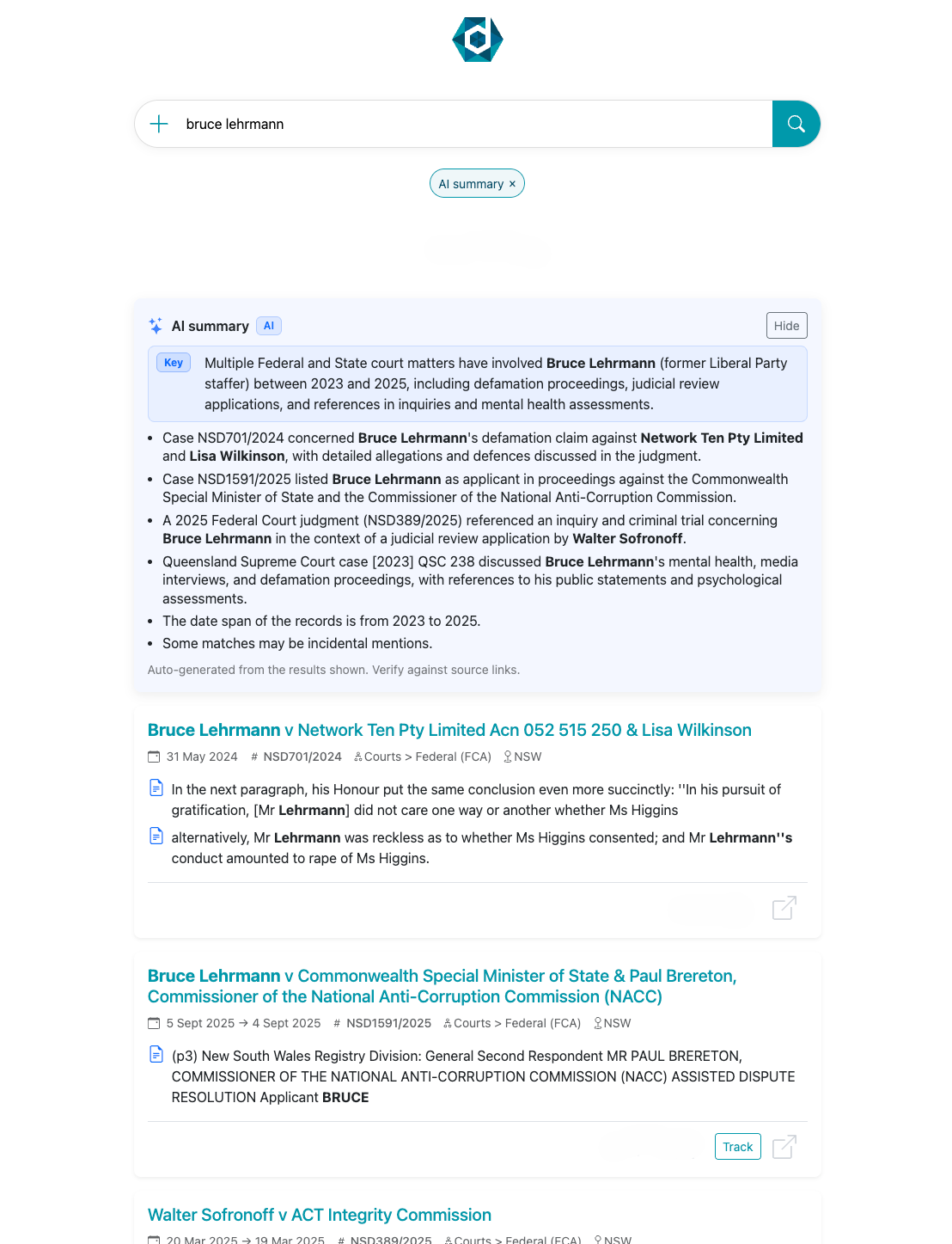 Australian court data search using DATAV3 AI Summary to find Bruce Lehrmann litigation records