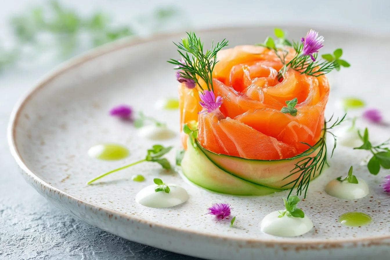 A plate featuring a beautifully presented appetizer with sliced salmon rolled into a flower shape, garnished with herbs, edamame, edible flowers, and dots of cream and green oil on a white speckled plate.
