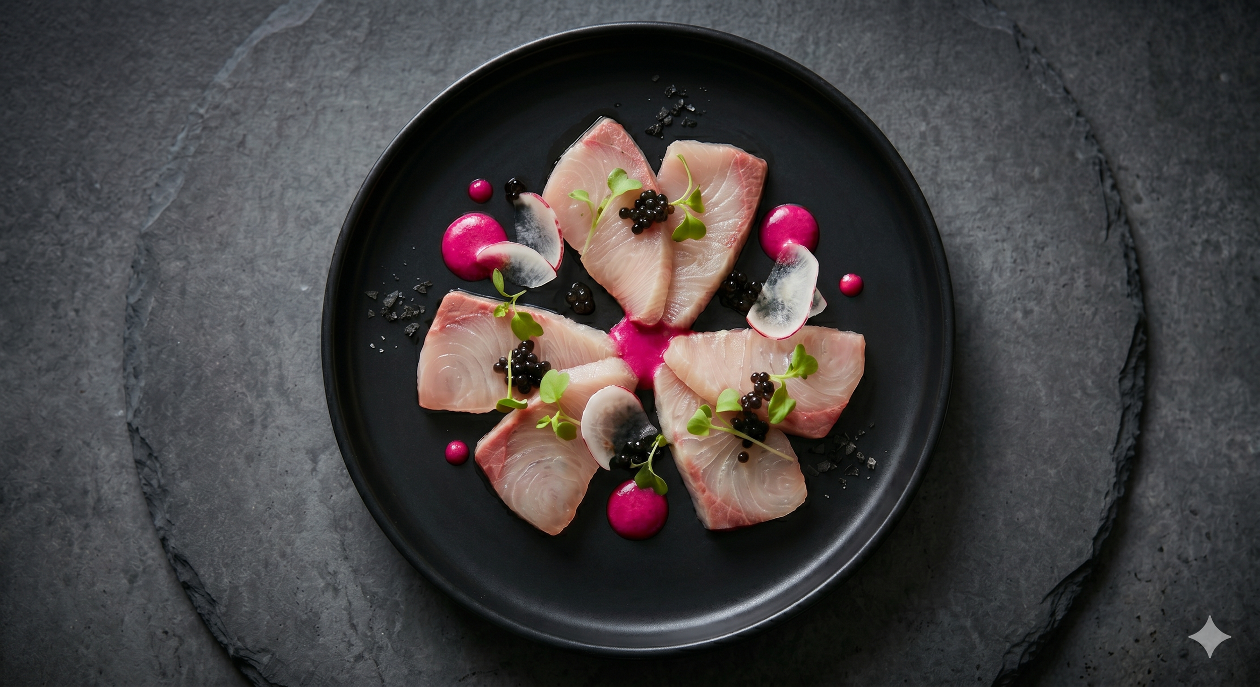 Appetizer: Hamachi Crudo with "neon" pink dragon fruit reduction