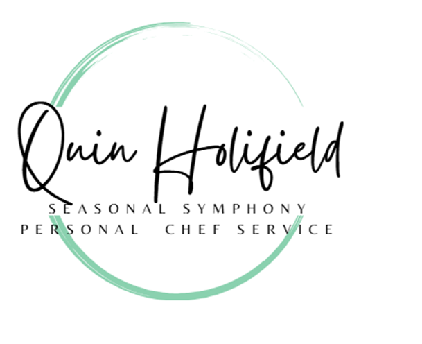 Logo for Quinn Holifield, featuring a black cursive name inside a light green circle with the text 'Seasonal Symphony Personal Chef Service' below.