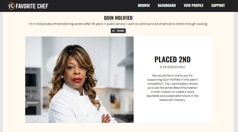 Chef Quin placed 2nd in the Quarter Finals of the 2026 Taste of Home Competition.
Her participation aids the James Beard Foundation in their mission to create a more equitable and sustainable future in the restaurant industry.