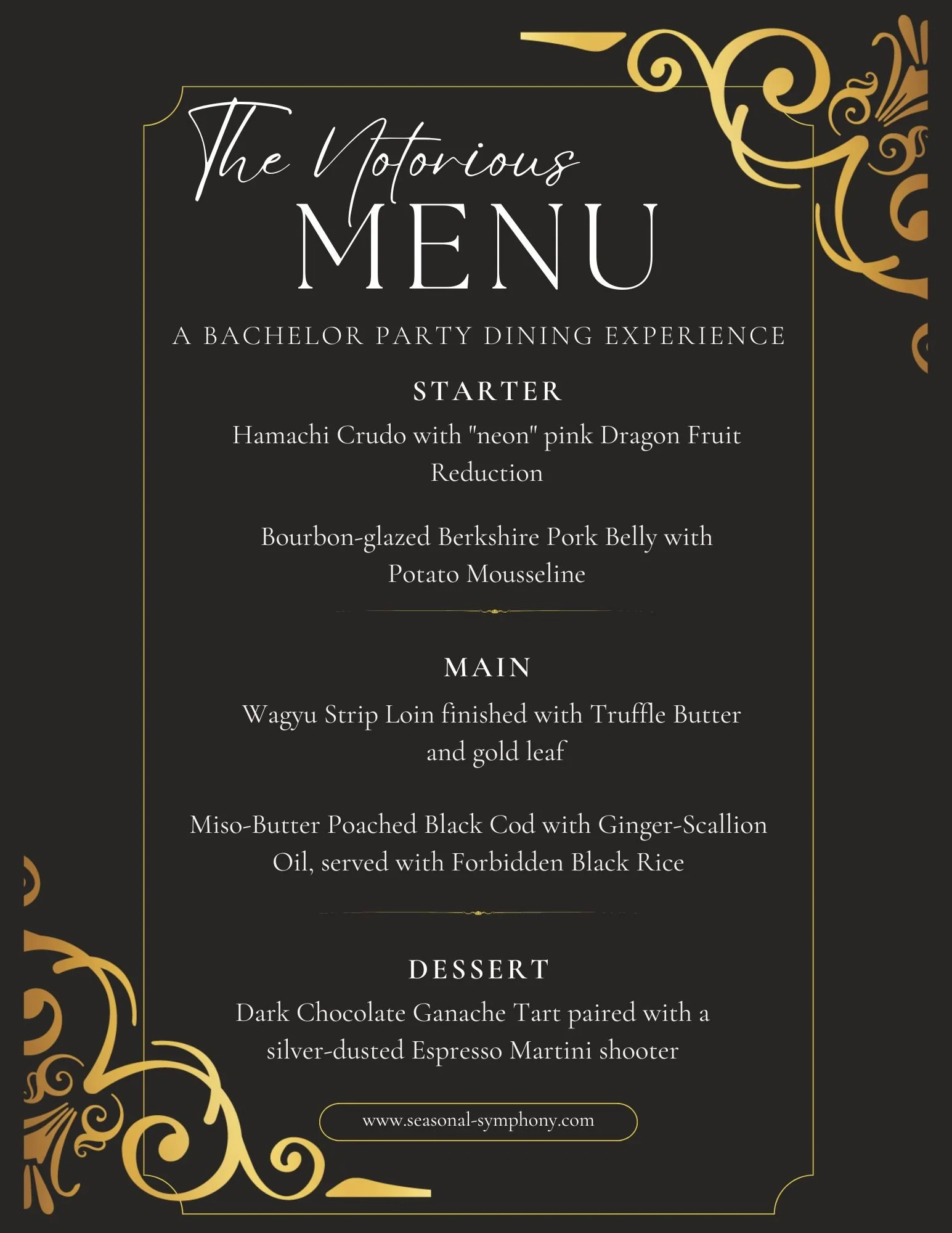 Menu for a bachelor party dining experience featuring starters, main courses, and desserts, designed with gold decorative accents on a black background.