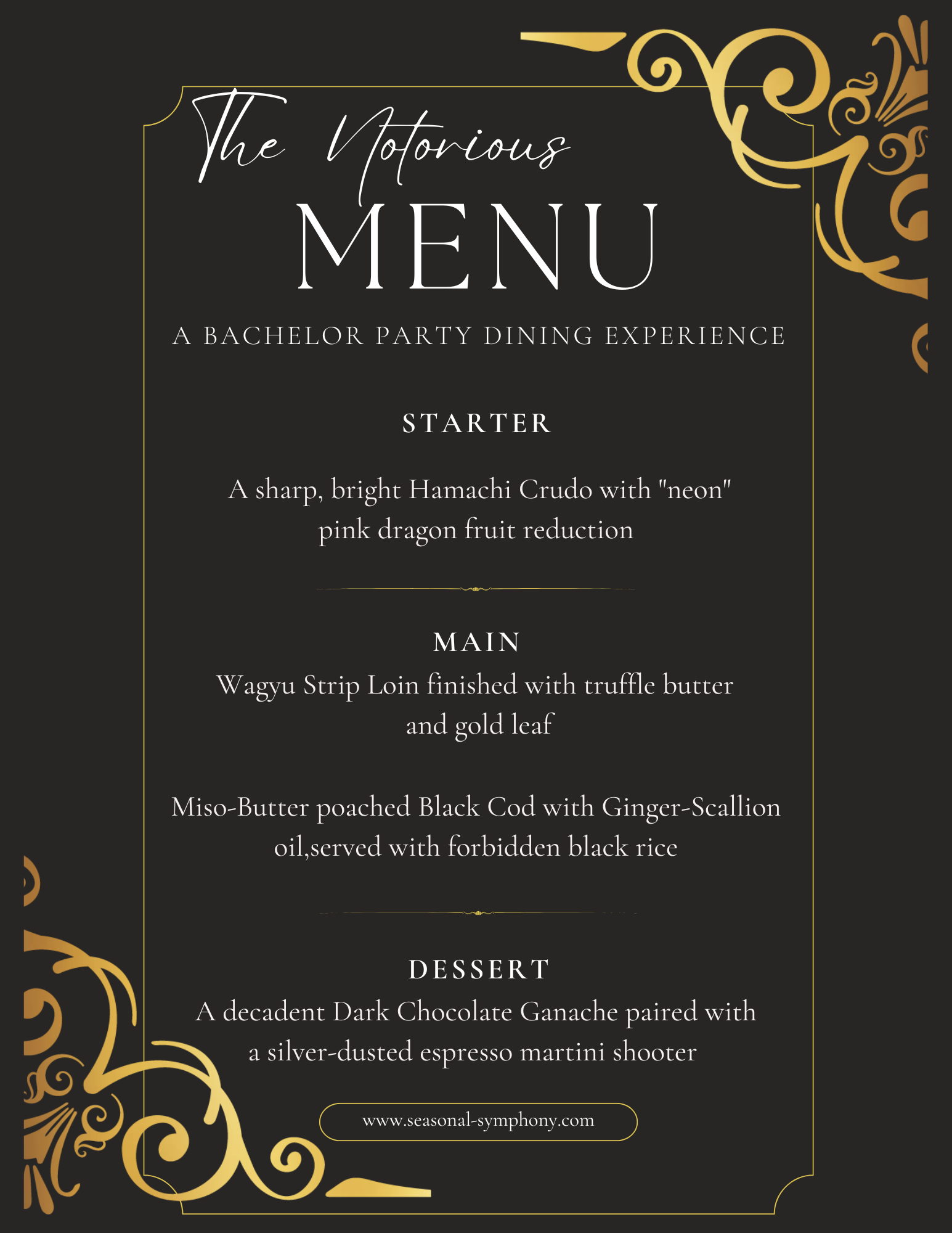 Menu for a bachelor party dining experience with sections for starter, main, and dessert, embellished with gold decorative elements on a black background.