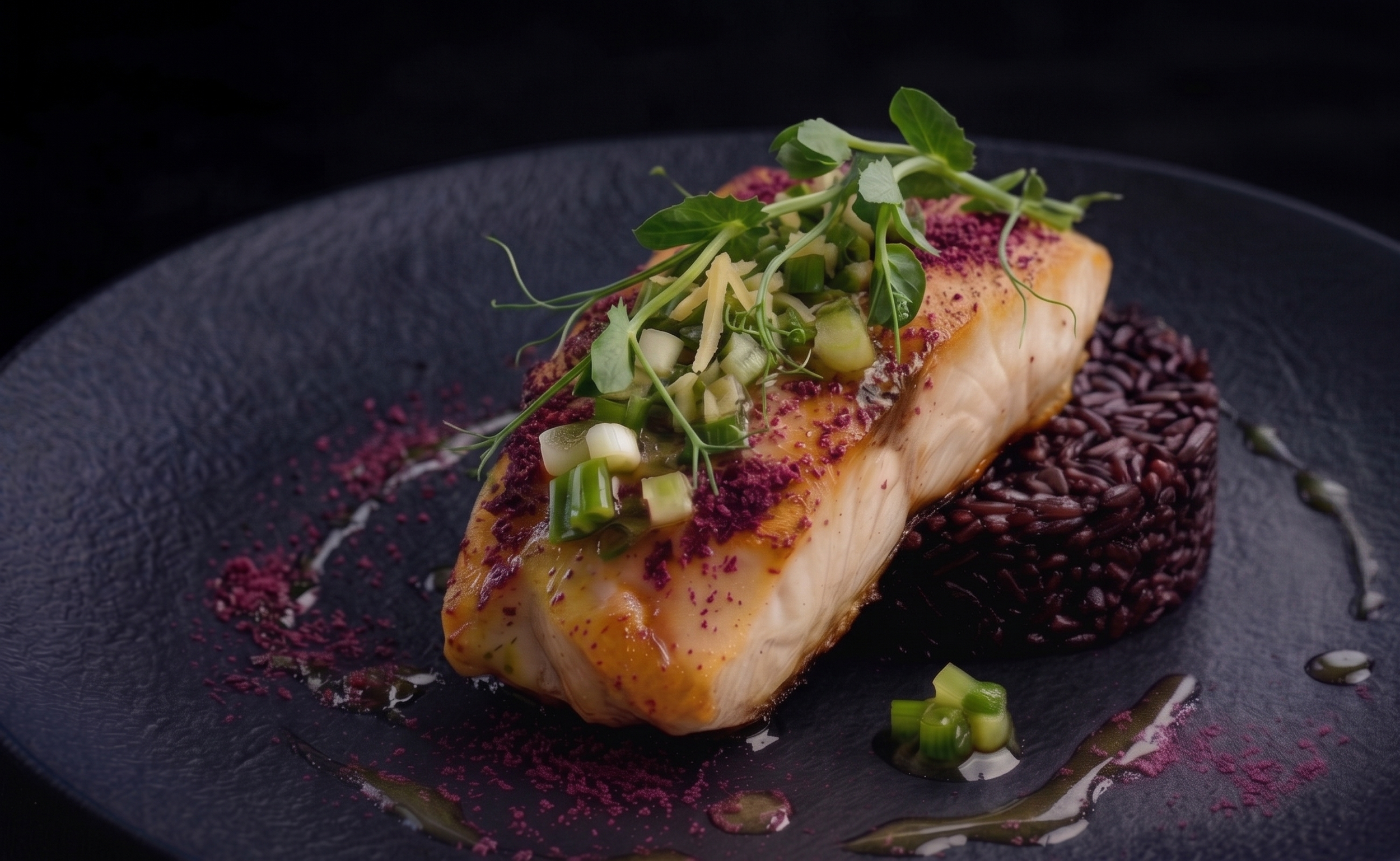 The Dish (Main Course): Miso-Butter poached Black Cod with a "Chic" Ginger-Scallion oil,  served with forbidden black rice and a "disco-dust" of dehydrated beet powder.