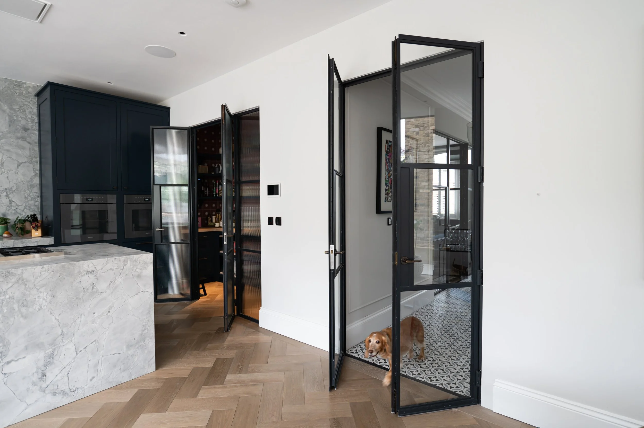 Modern kitchen with a marble island, blue cabinets, and black-framed glass Crittall doors leading to another room where a dog is standing.