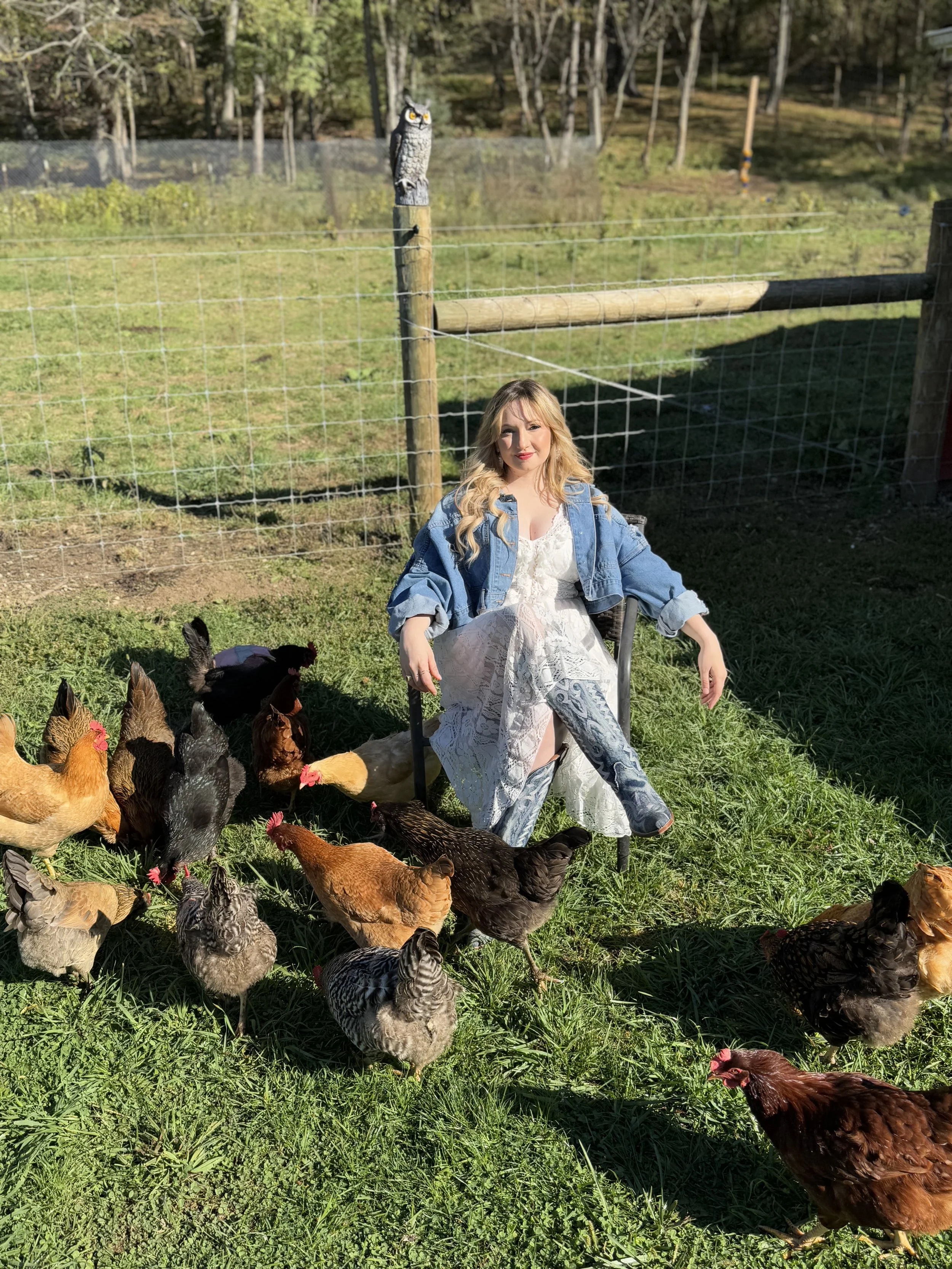 A woman sitting on a green grassy area surrounded by chickens, with a fence and trees in the background. An owl decoration is perched on a post above the woman.