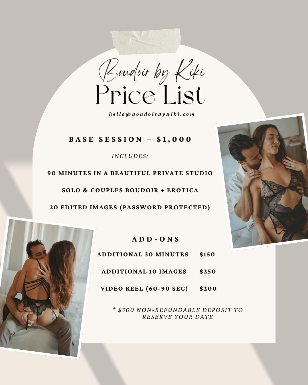 Price list for Boudoir photography services. Package starting at $1,000.