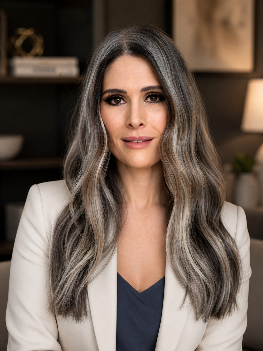 A woman with long, wavy, salt and pepper hair wearing a white blazer and dark shirt, sitting in a modern living room with blurred background shelving and lighting.