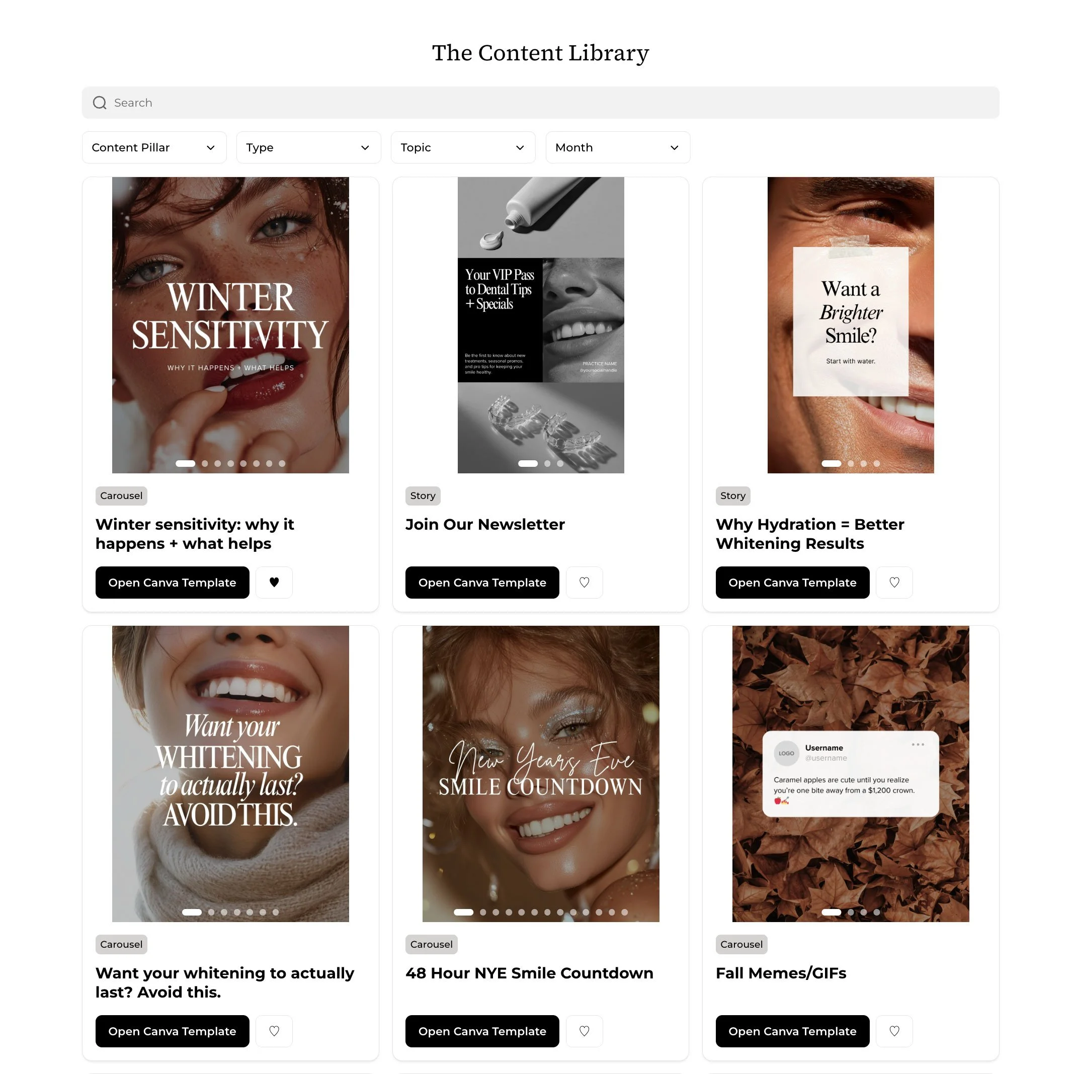 Screenshot of The Content Library webpage with six template options for social media posts related to dentistry and smile enhancement, including images and text previews.