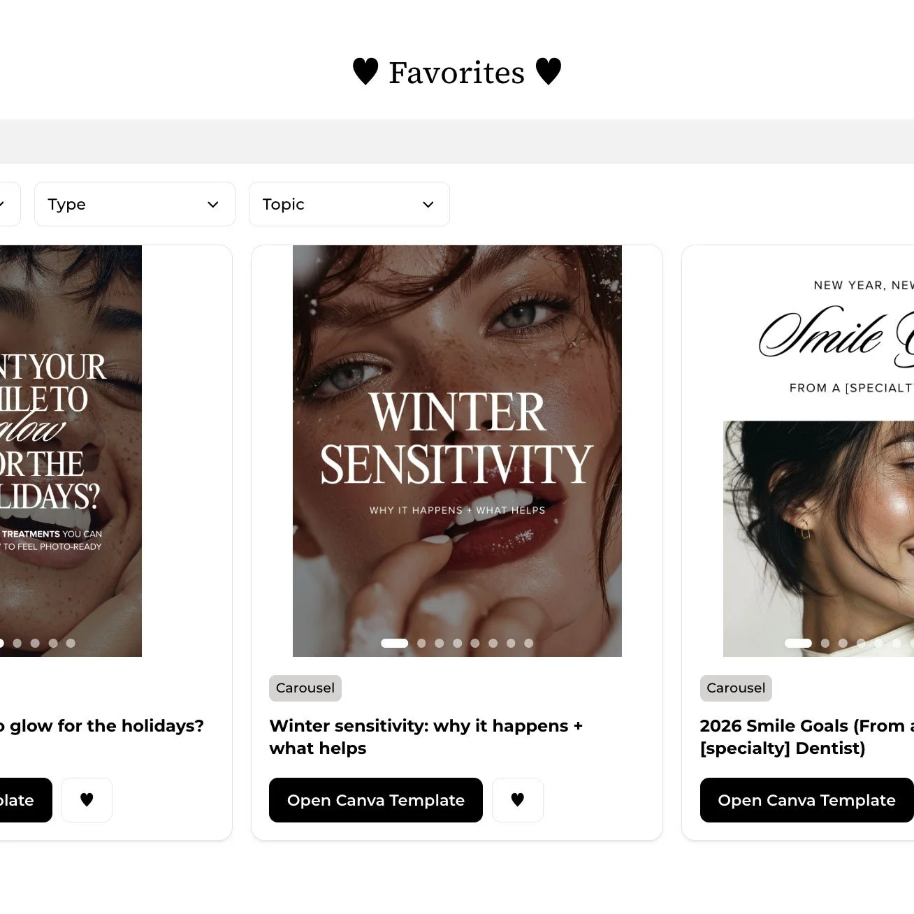 A webpage titled "Favorites" displaying three images with text overlays. The middle image features a smiling woman with the text "Why is everyone obsessed with veneers?"