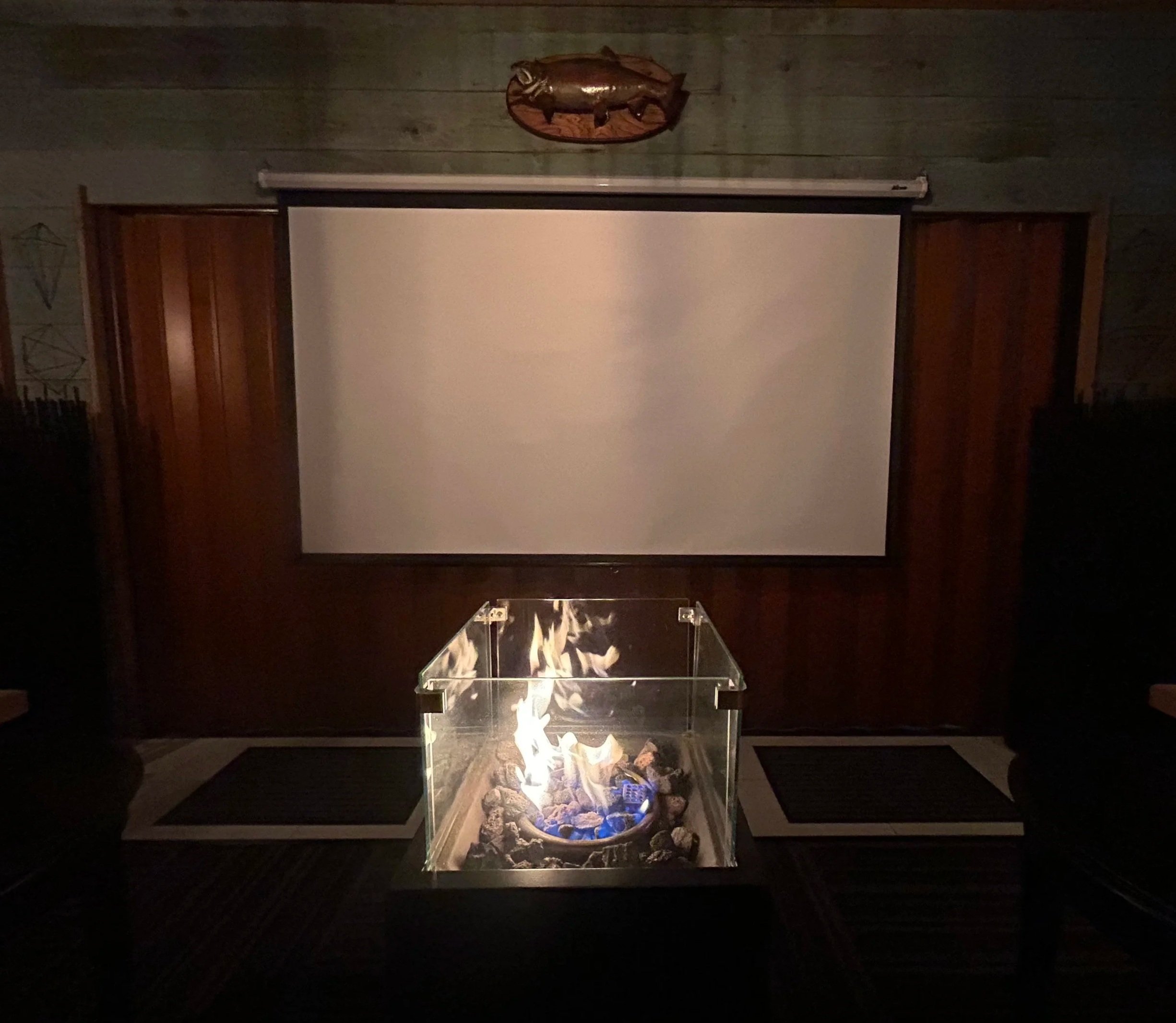 A fireplace with flames in a modern glass enclosure positioned on a black surface in a dimly lit room. The room has a wooden wall with a mounted fish decoration and dark furniture.