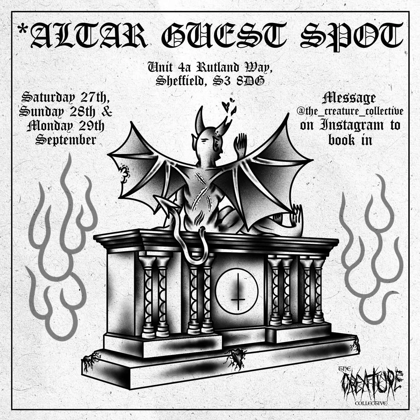 This weekend, @the_creature_collective is bringing their talent to Altar in Sheffield with @tomsykes.tattoos, AND is even fully booked from Saturday to Monday! 

We&rsquo;re super proud and hope you have a sick weekend! 🤟🏼

.
.
.
#tattooartists
