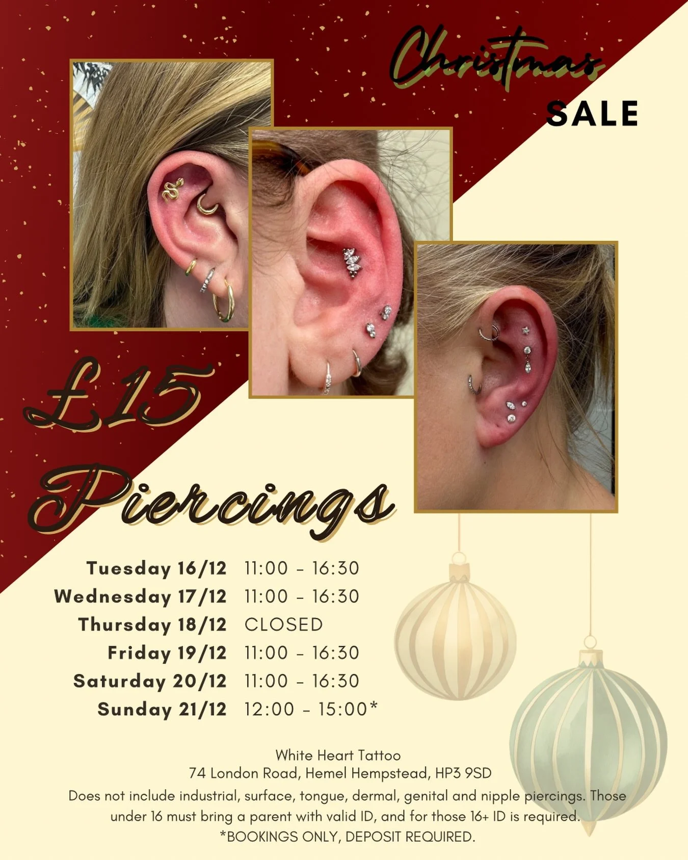 🎄 CHRISTMAS &pound;15 PIERCING SALE at White Heart Tattoo! 🎄

We&rsquo;re excited to celebrate the festive period with you with our extremely popular piercing offer! 🎁

✨ All piercings &pound;15 (excludes industrial, surface, dermal, tongue, genit
