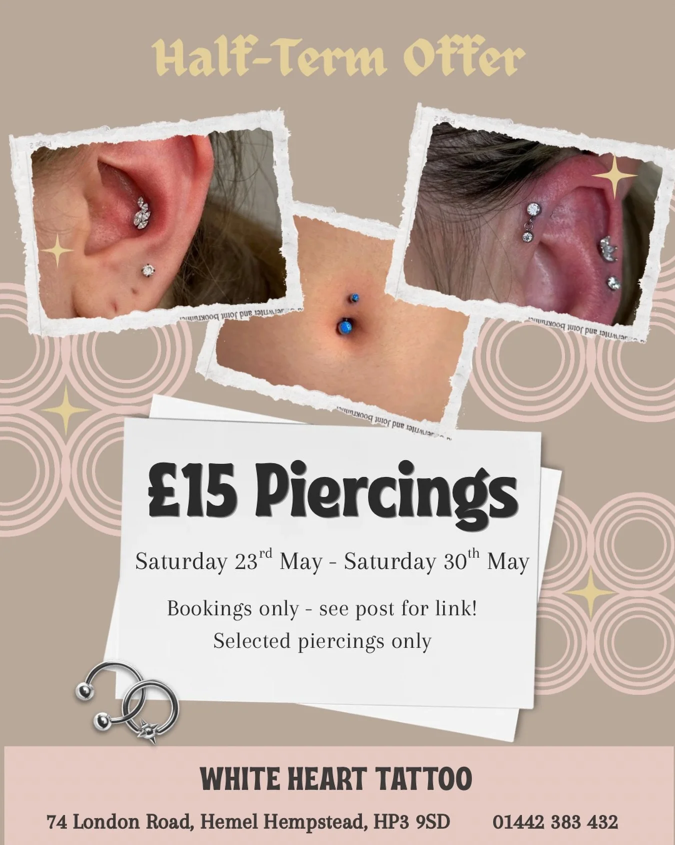 ☀️ &pound;15 PIERCING OFFER BACK BY POPULAR DEMAND ☀️ 

✨ Selected piercings &pound;15 
(Excludes industrial, floating navel, surface, oral, dermal, genital &amp; nipple piercings)

📅 Tuesday to Saturday 
⏰ Tues/Thurs/Fri/Sat 10:30 &ndash; 16:30 
⏰ 