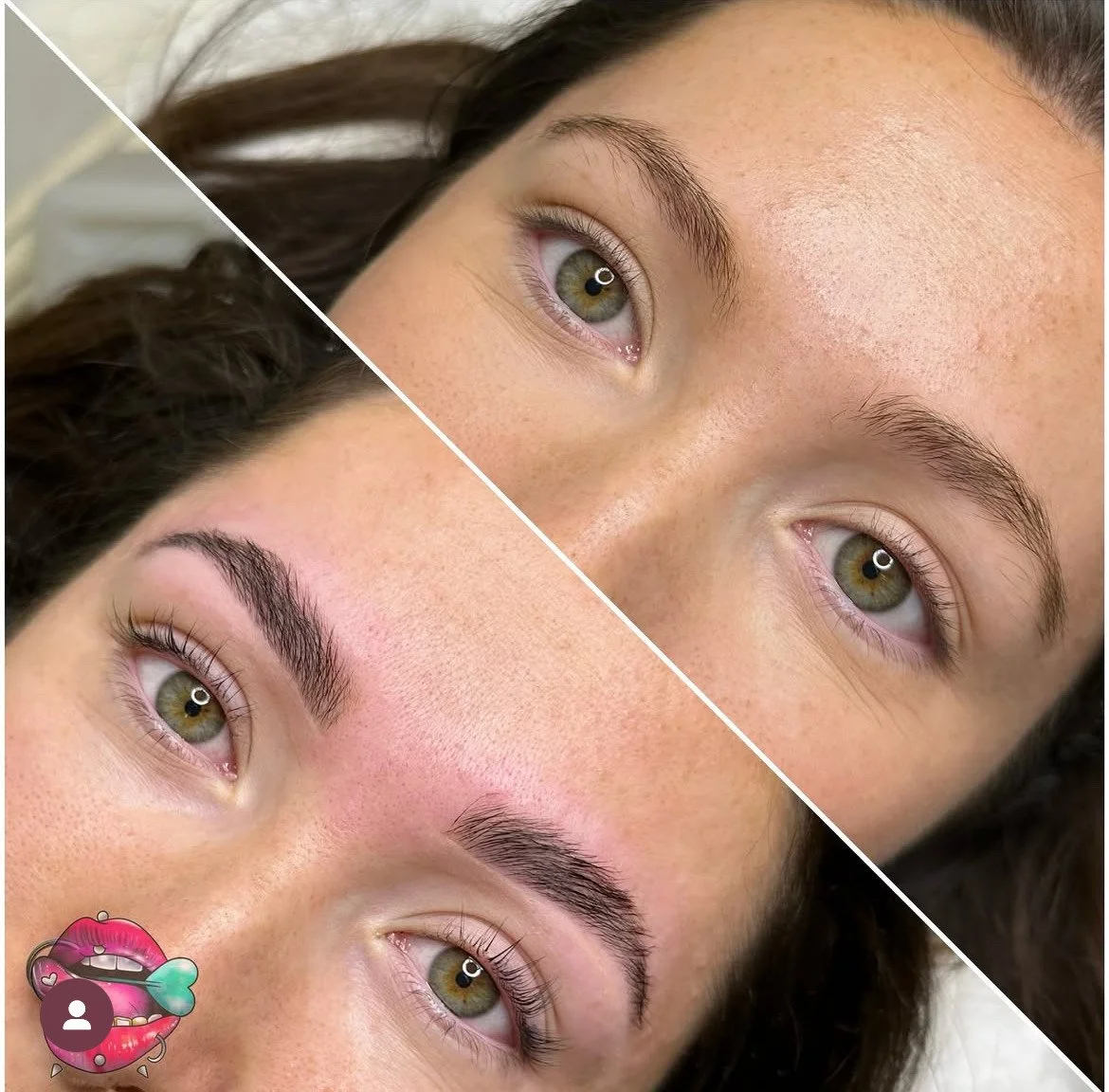 Close-up of a woman's face showing a comparison before and after eyebrow grooming. The top half shows natural eyebrows, the bottom half shows groomed eyebrows, with a graphic of lips and a tongue on the lower left corner.