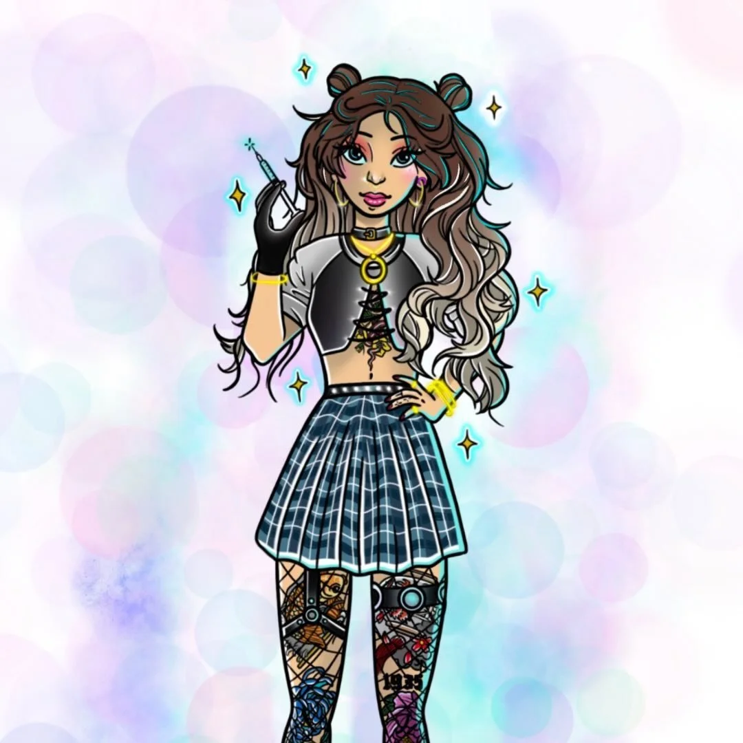 Stylish cartoon girl with long wavy hair, dressed in a black and white cropped top, plaid skirt, and colorful tights, holding a syringe, surrounded by sparkles, with a pastel background.