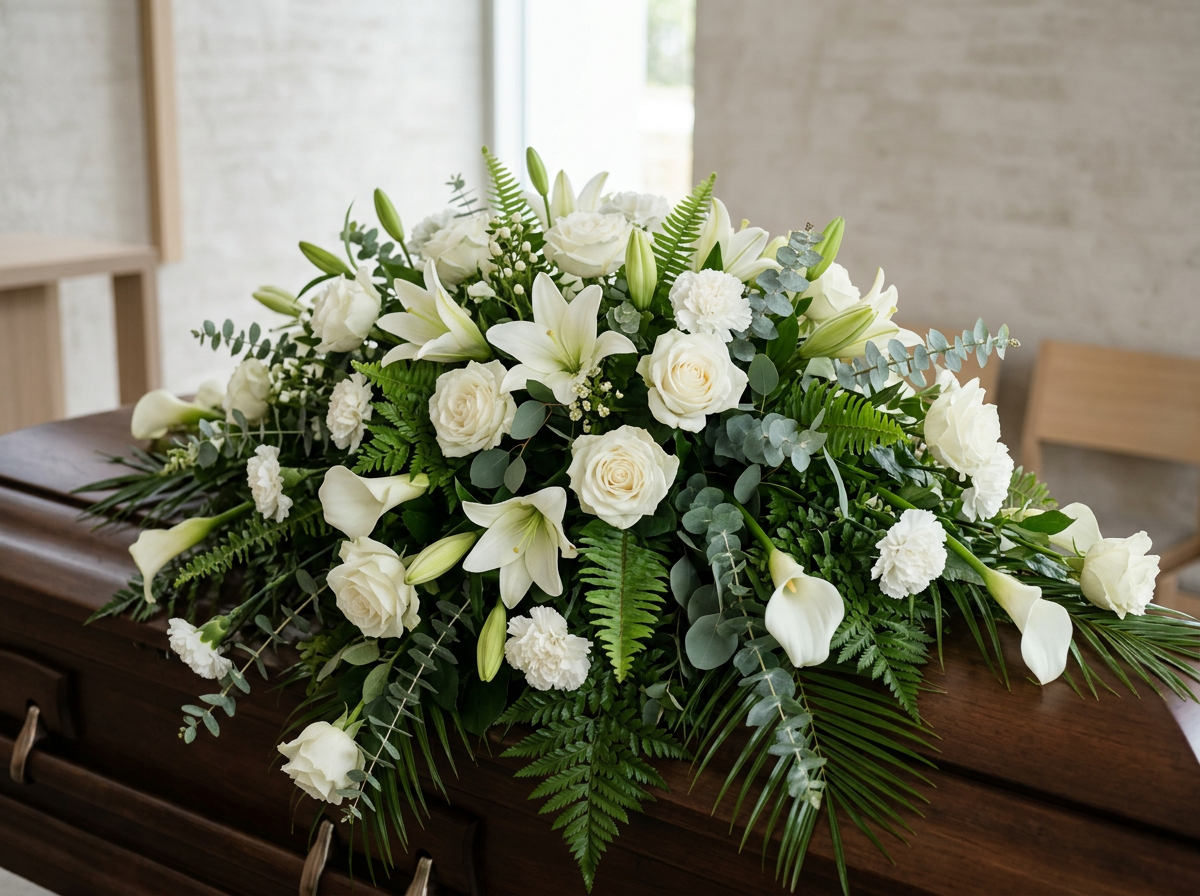 'In Loving Memory' All-White Casket Spray
