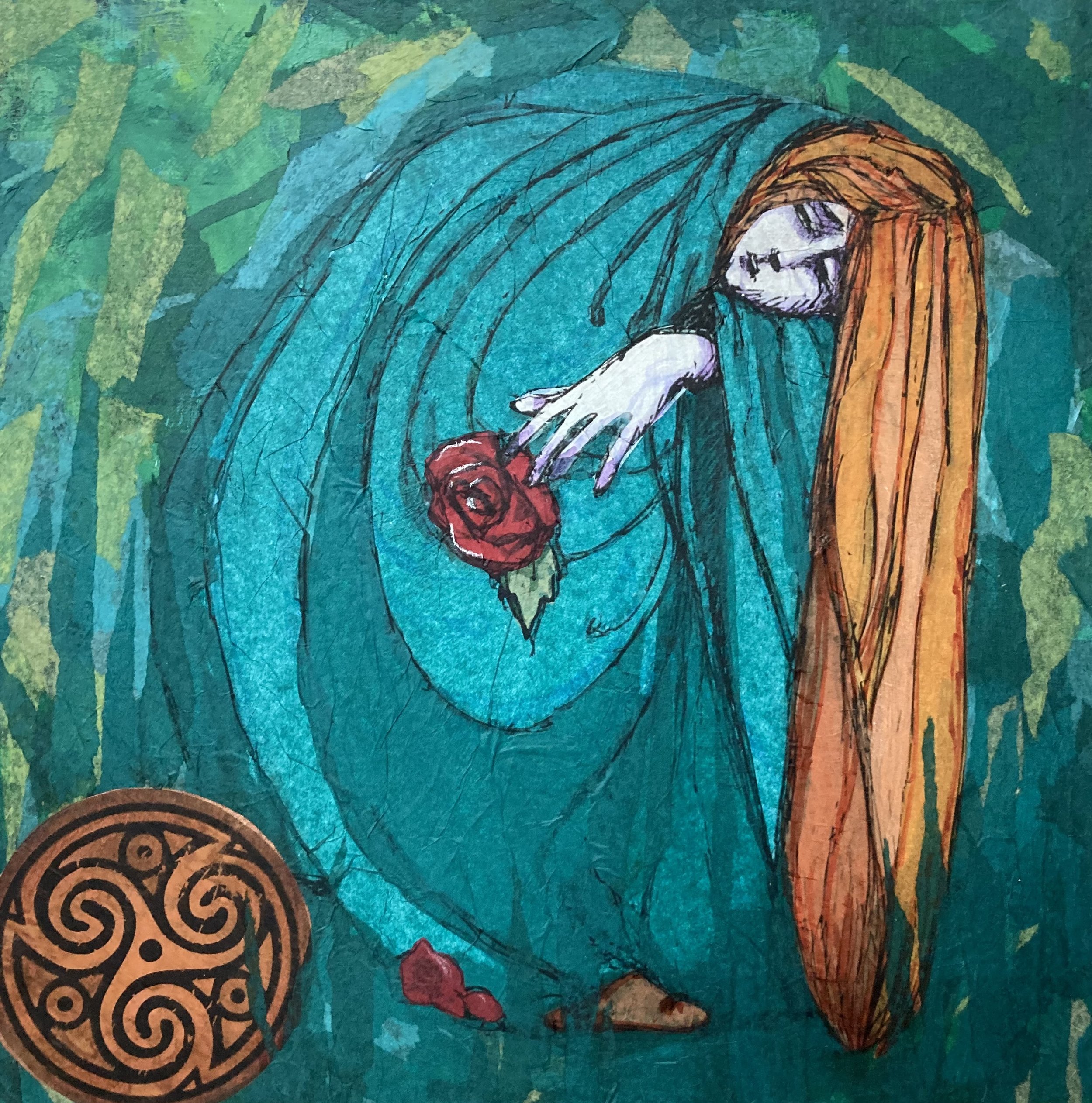 A colorful drawing of a sleeping woman with long orange hair, wearing glasses, with a red rose in her hand, surrounded by greenery and decorative patterns.