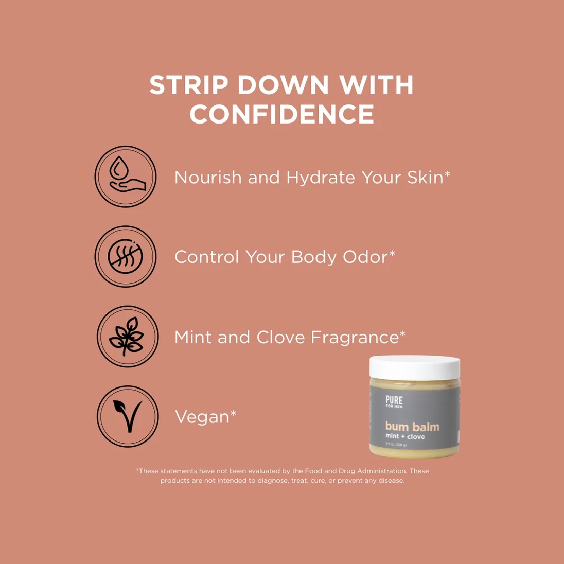 A skincare product advertisement featuring a jar of bum balm with mint and clove scent. The background is a peach color with white text promoting the benefits of the product: nourishing skin, controlling body odor, and a mint and clove fragrance. Icons representing each benefit are beside the text.