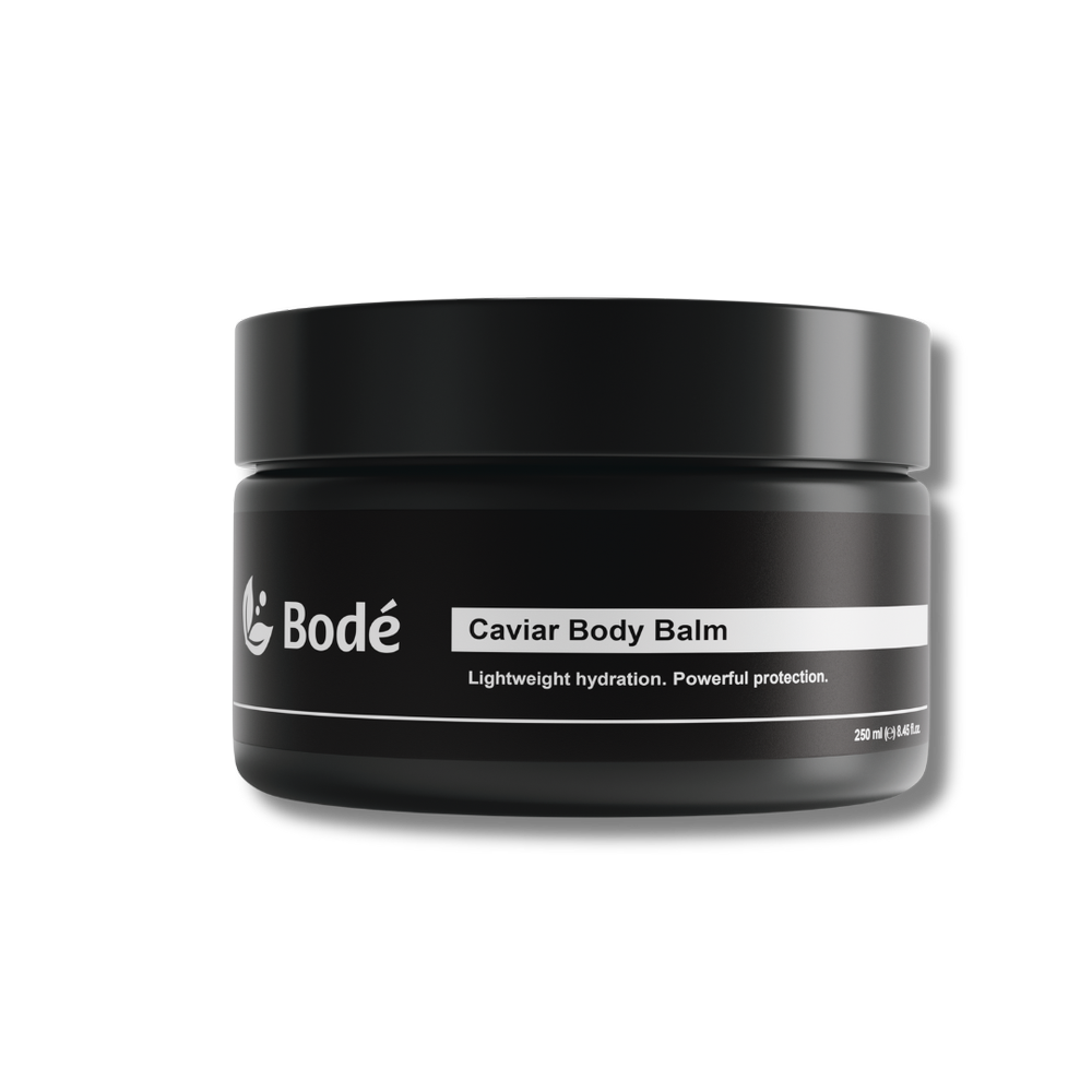 A black container labeled Bodé Caviar Body Balm with a white label indicating it's for lightweight hydration and powerful protection, holding 250 milliliters.