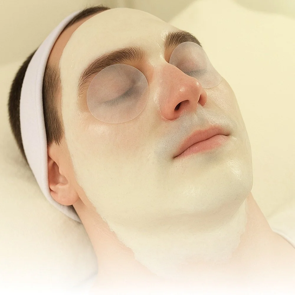 A person lying on a spa bed with a facial mask and eye patches, receiving a facial treatment.