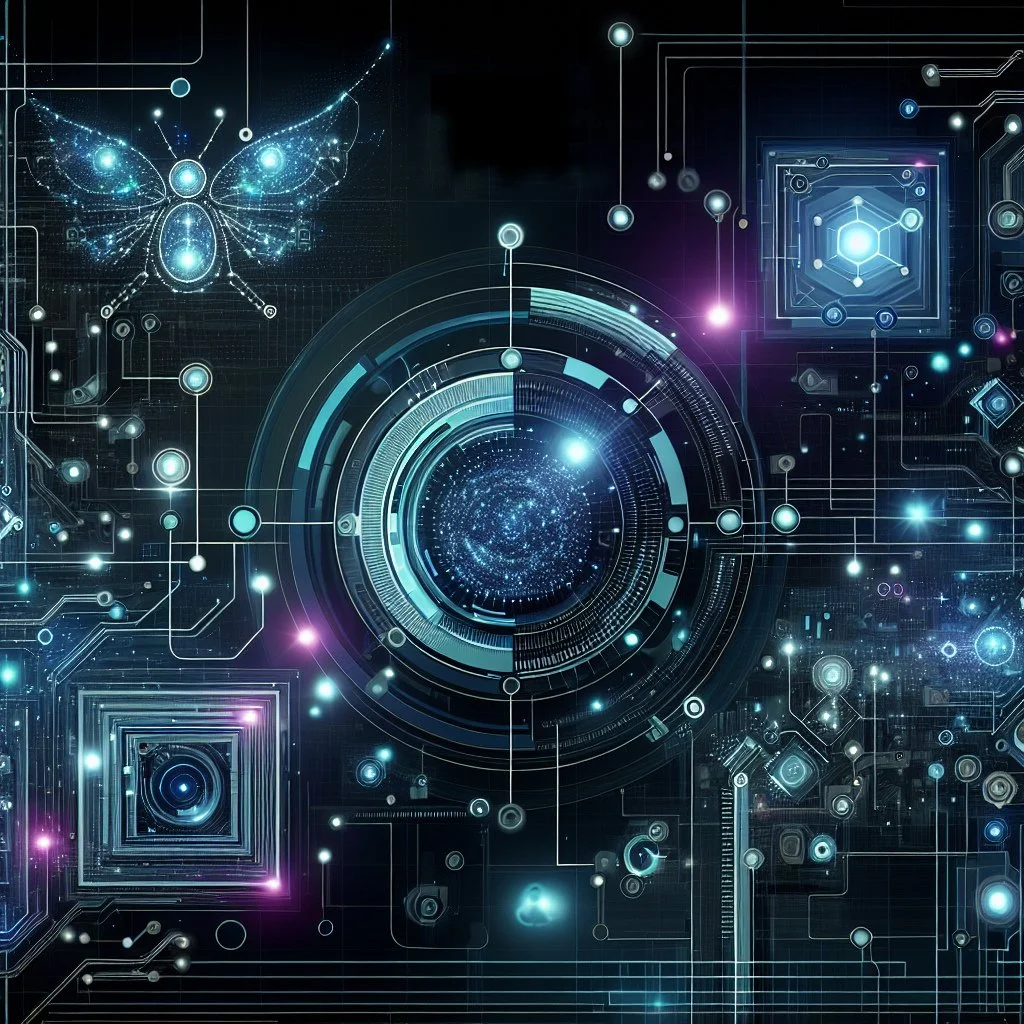 Futuristic digital technology interface with glowing circles, lines, a butterfly, and circuitry effects.