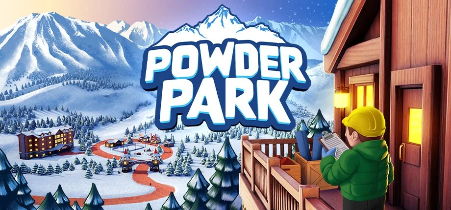Powder Park cover art showing a snowy mountain resort with a builder character, from The Cat's Eye Studio