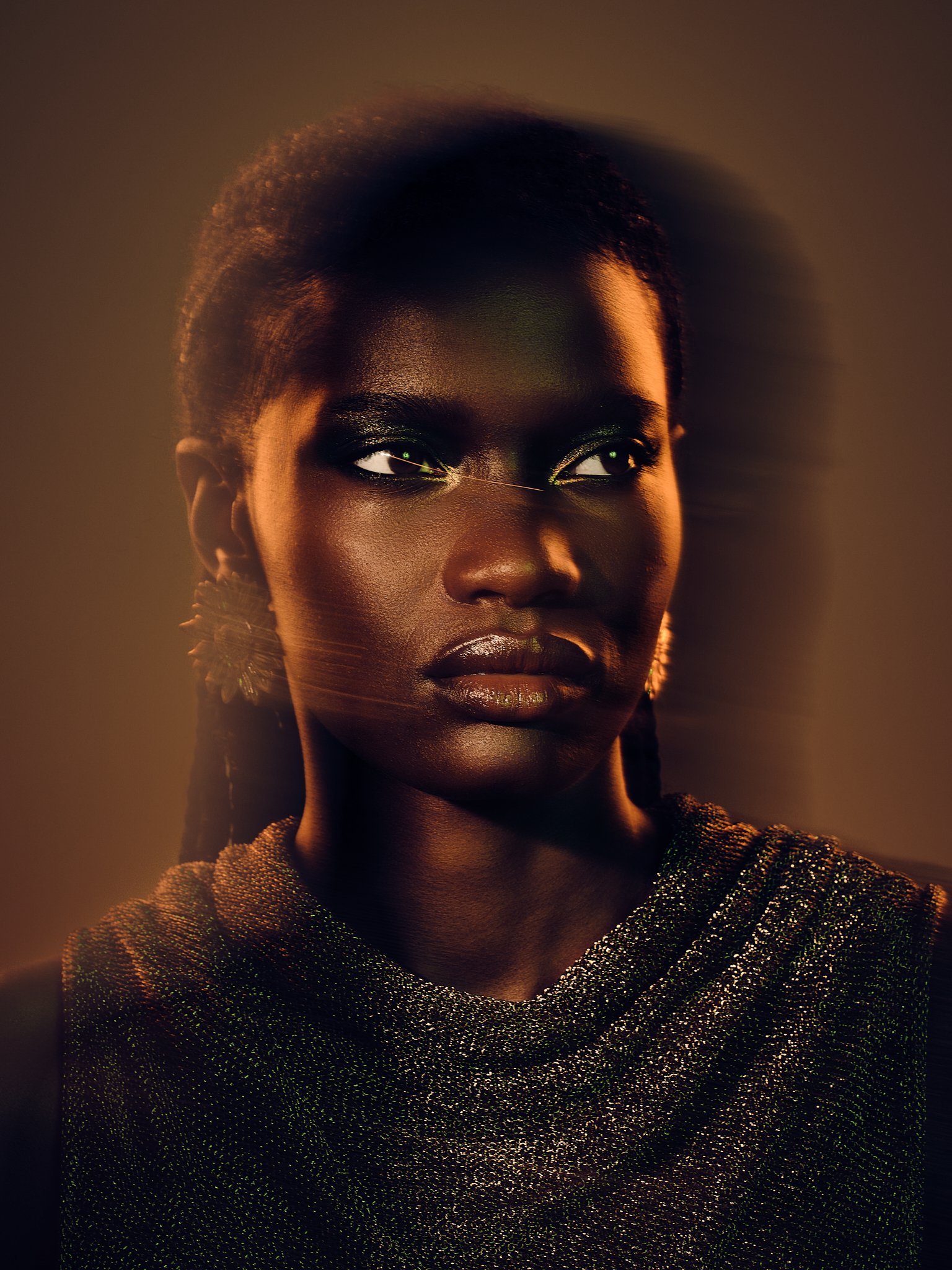 Portrait of a woman with dark skin, wearing sparkly earrings and a shimmering dark top, looking to the side with a serious expression. The photo has a warm, soft light.