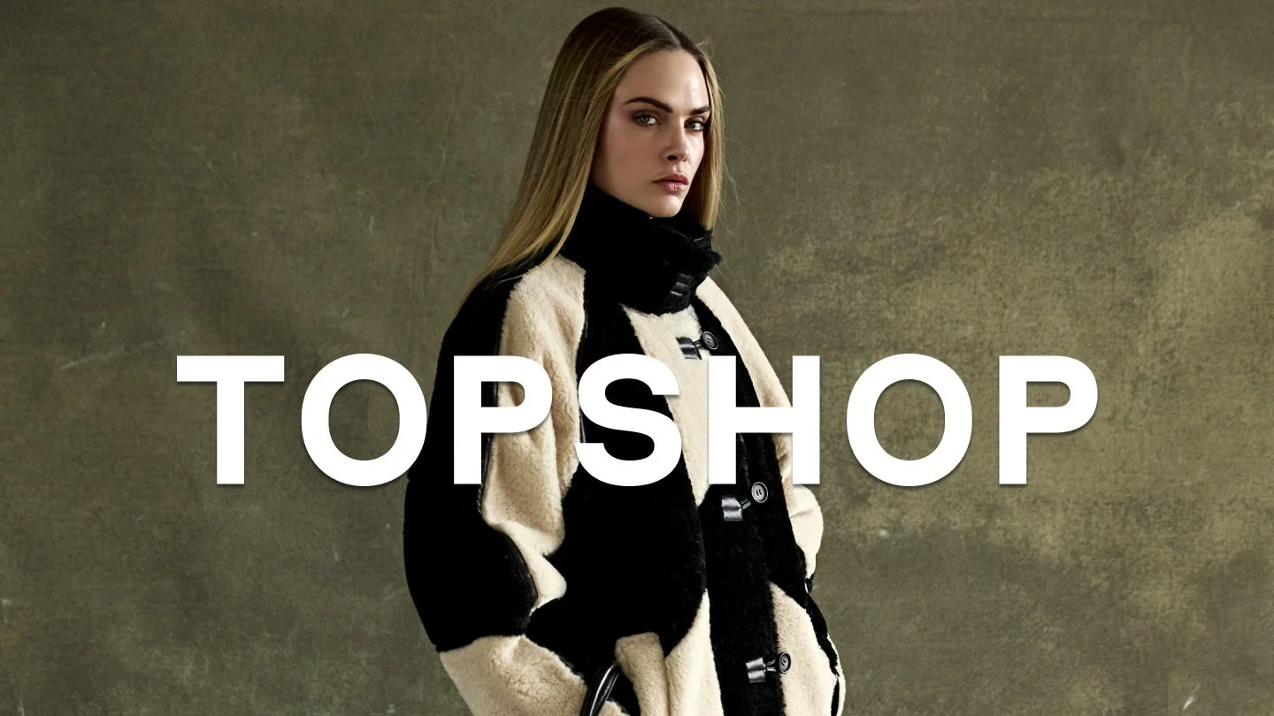 Cara Delevingne fronting Topshop’s 2025 comeback campaign, featured on the brand’s official website homepage.
