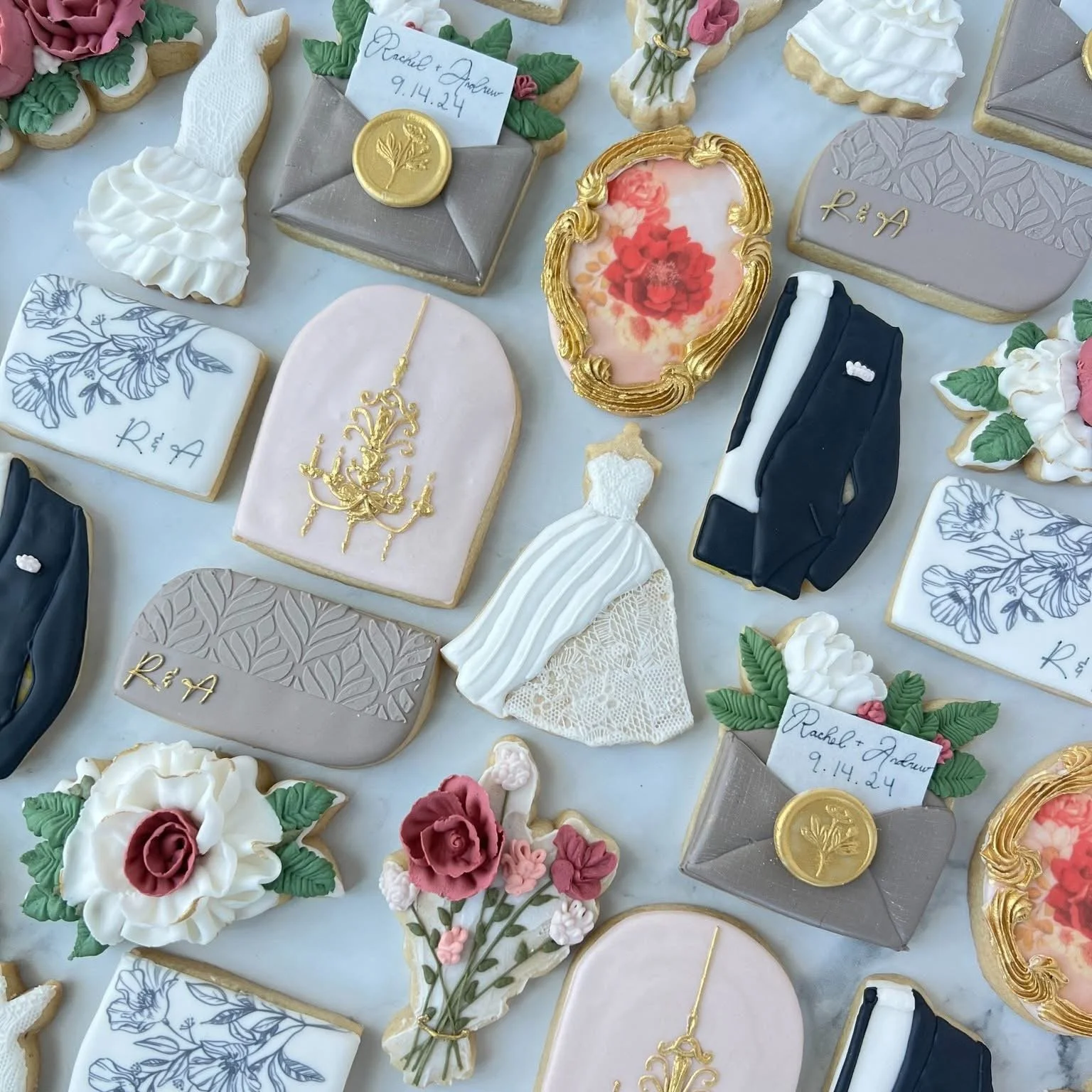 Bridal themed decorated sugar cookies. The set includes a wedding dresses, tuxedo, flowers, and a chandelier design.