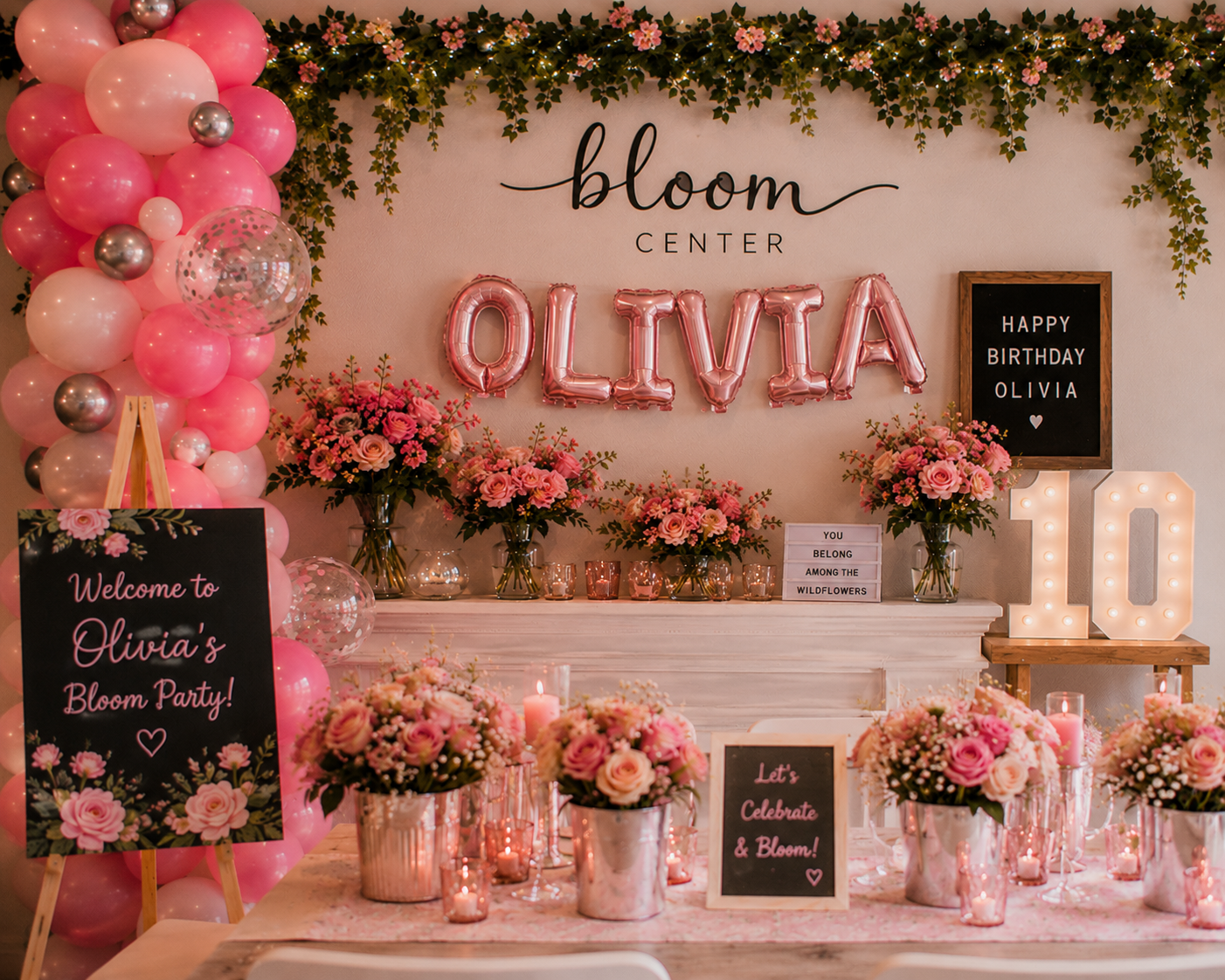 Personalized kids birthday party decorations and flower themed celebration setup at The Bloom Center in Katy TX