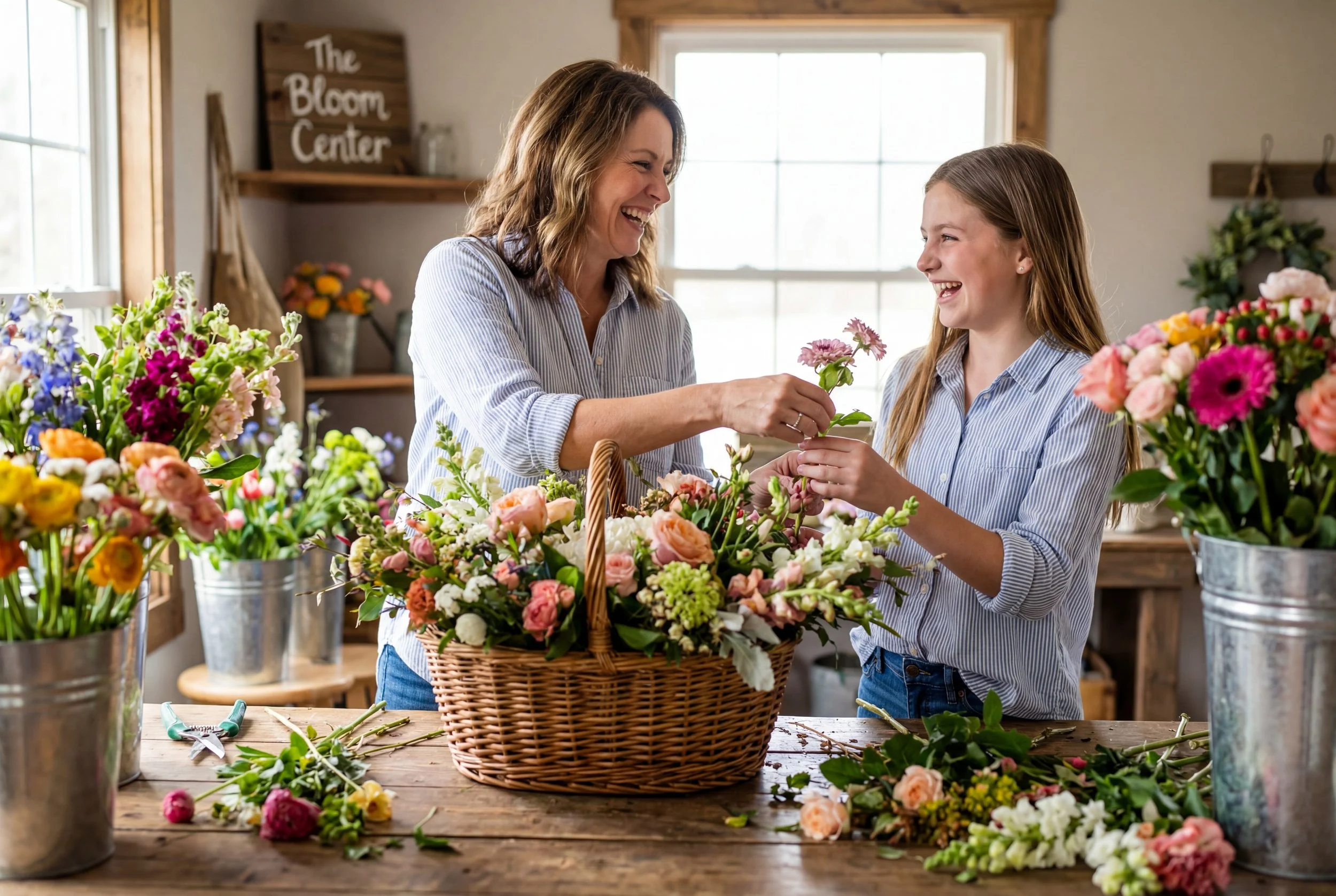 A shared floral design experience where families, friends, and loved ones create flower arrangements together at The Bloom Center in Katy TX.