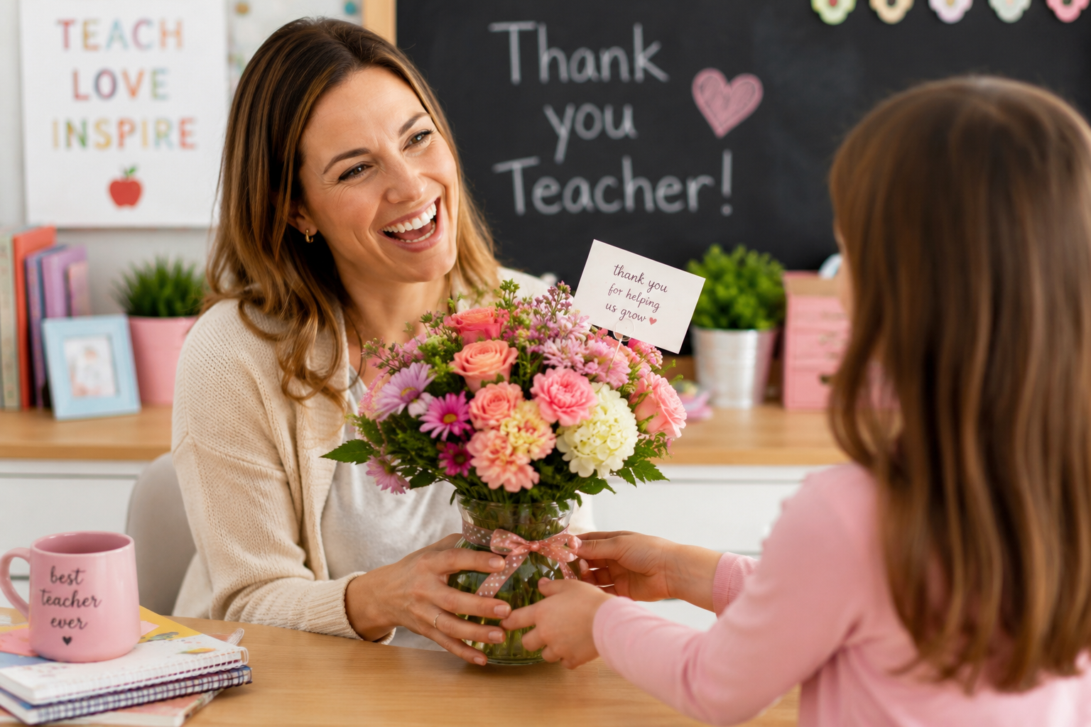 A teacher receiving a handmade flower arrangement from a student during Teacher Appreciation Bloom Day at The Bloom Center in Katy TX