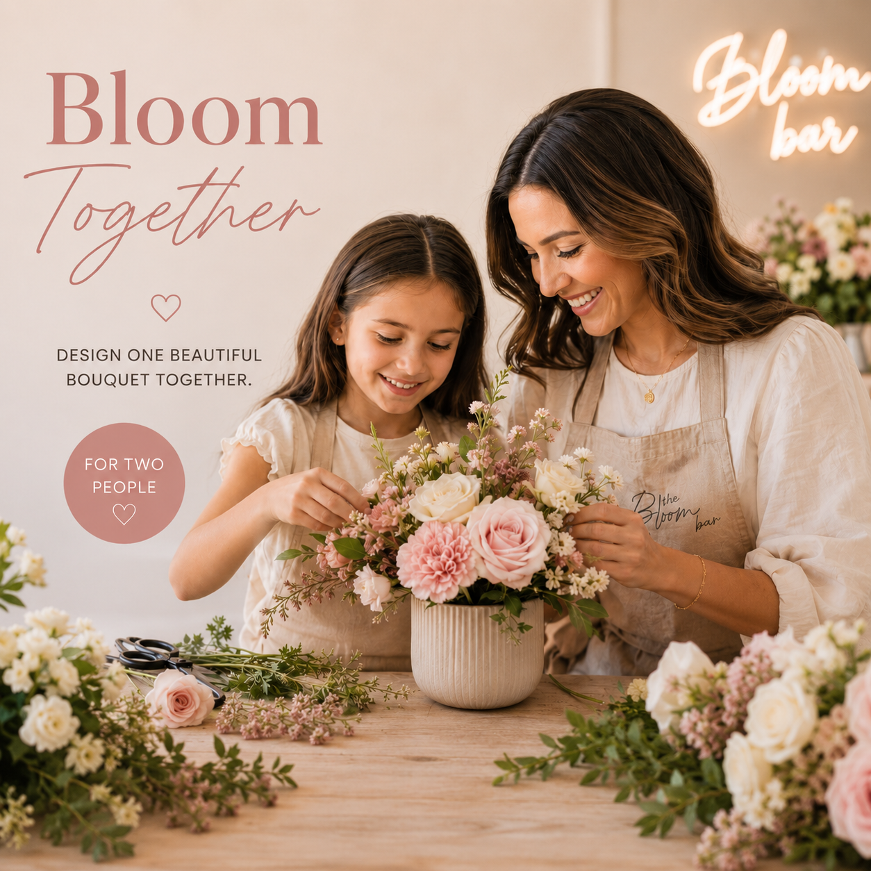 Parent and child designing a flower arrangement together during a Bloom Together floral experience at The Bloom Center in Katy TX, a hands-on flower class for families, friends, and loved ones.