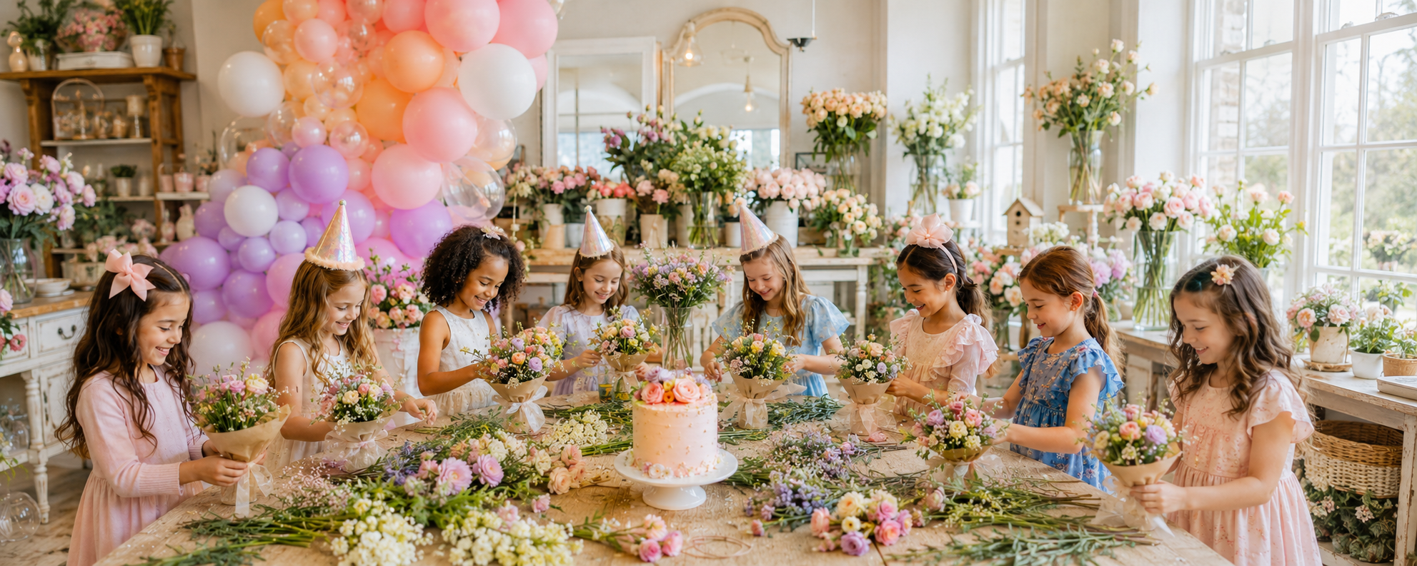Kids celebrating a birthday party with flower arranging activities at The Bloom Center in Katy TX