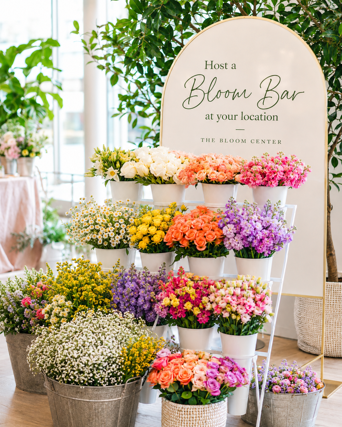 A colorful Bloom Bar flower station by The Bloom Center featuring fresh flowers for private parties, corporate events, and celebrations in Katy TX.