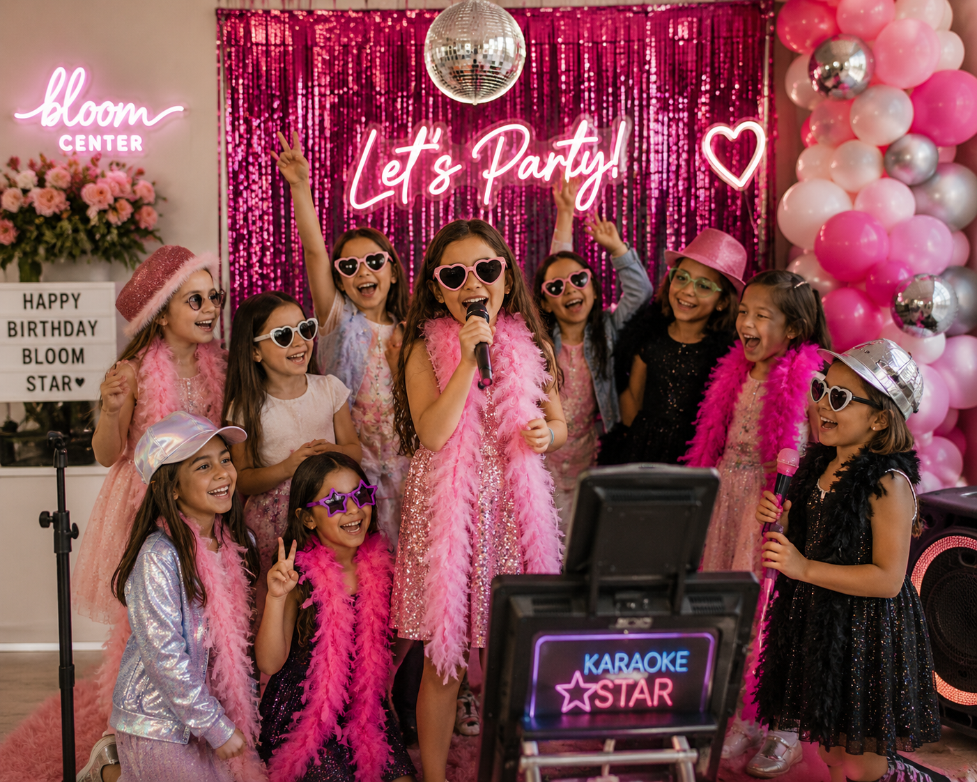 Kids enjoying karaoke and party activities during a birthday celebration at The Bloom Center in Katy TX