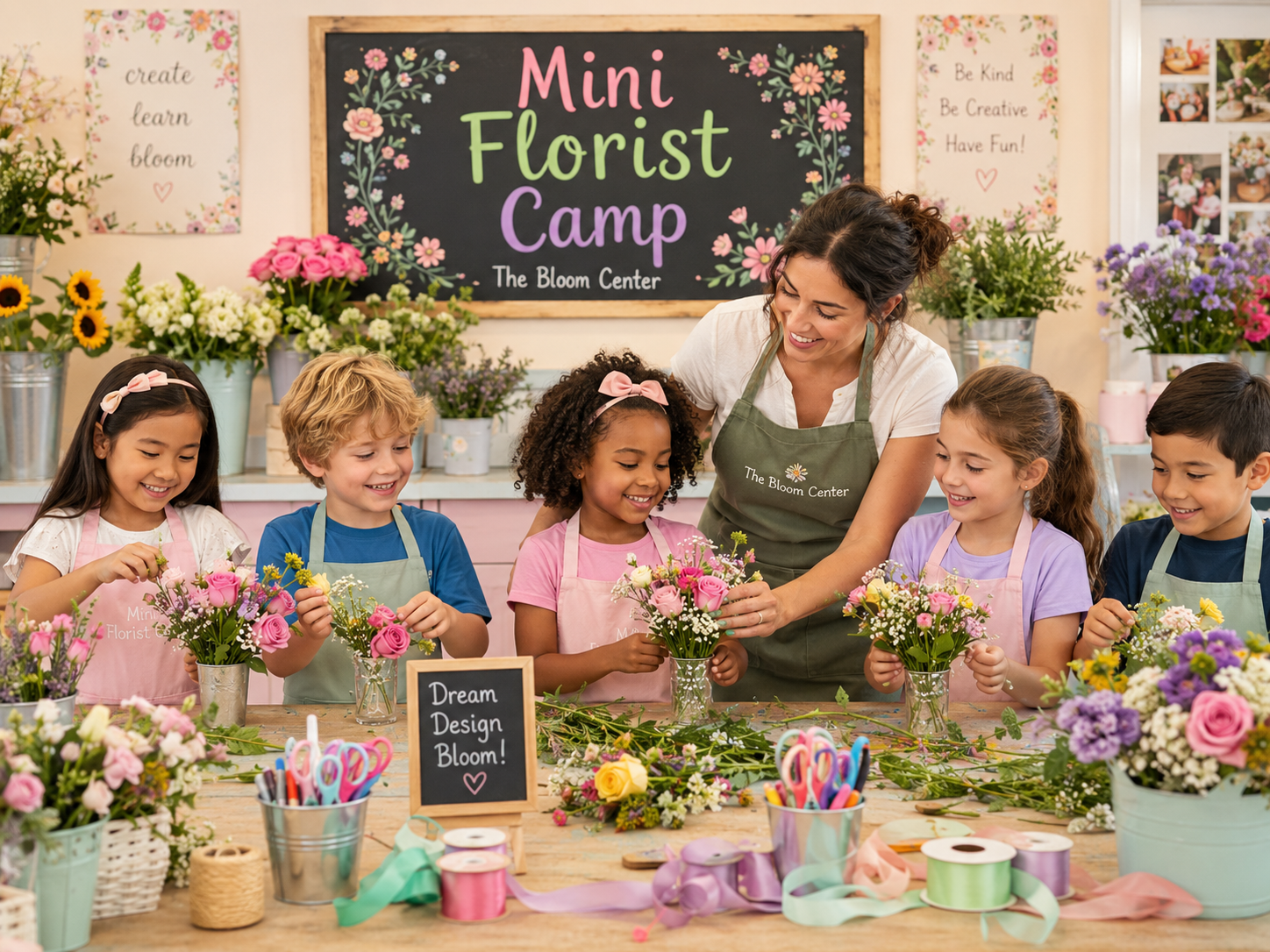 Kids learning floral design and creating flower arrangements during Mini Florist Camp at The Bloom Center in Katy TX
