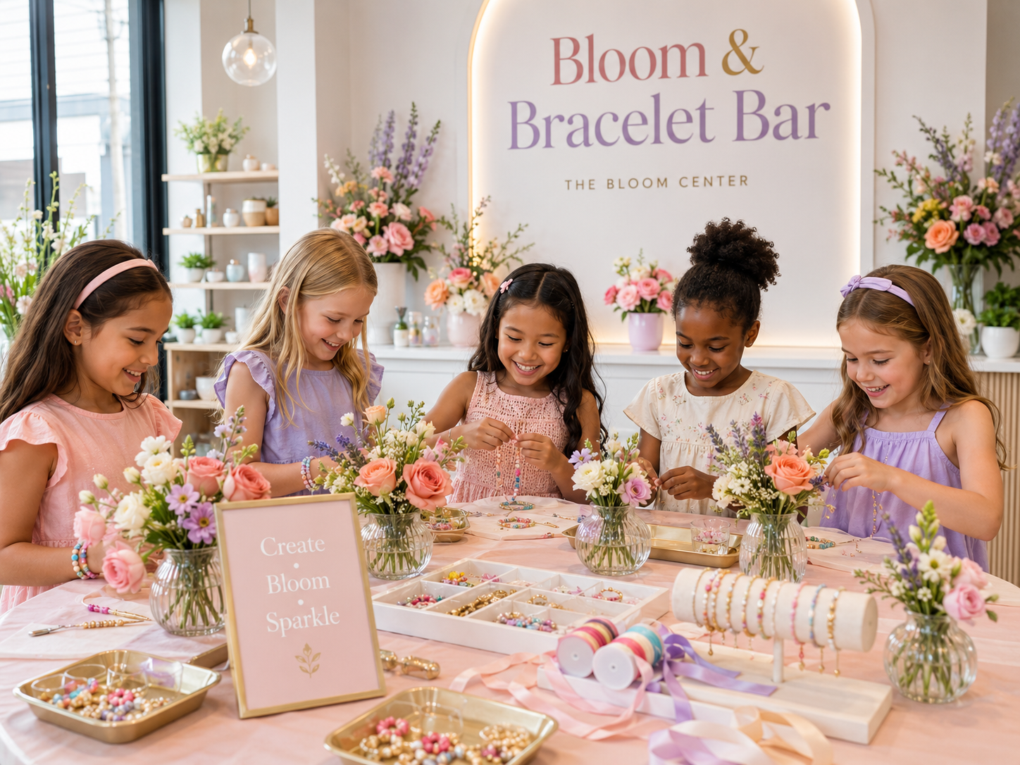Kids making bracelets and flower arrangements during a Bloom and Bracelet Bar creative experience at The Bloom Center in Katy TX