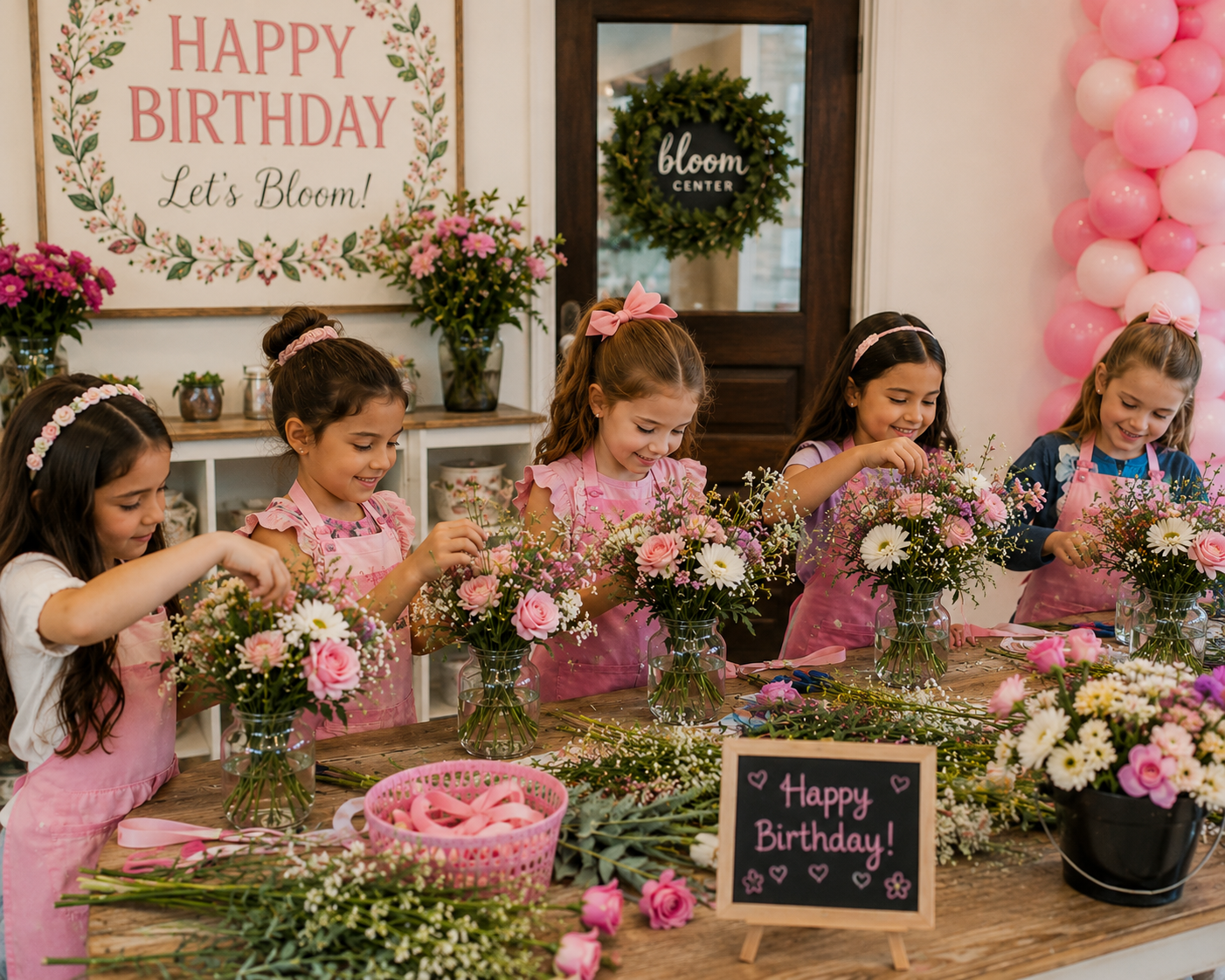Kids creating flower arrangements during a birthday party experience at The Bloom Center in Katy TX