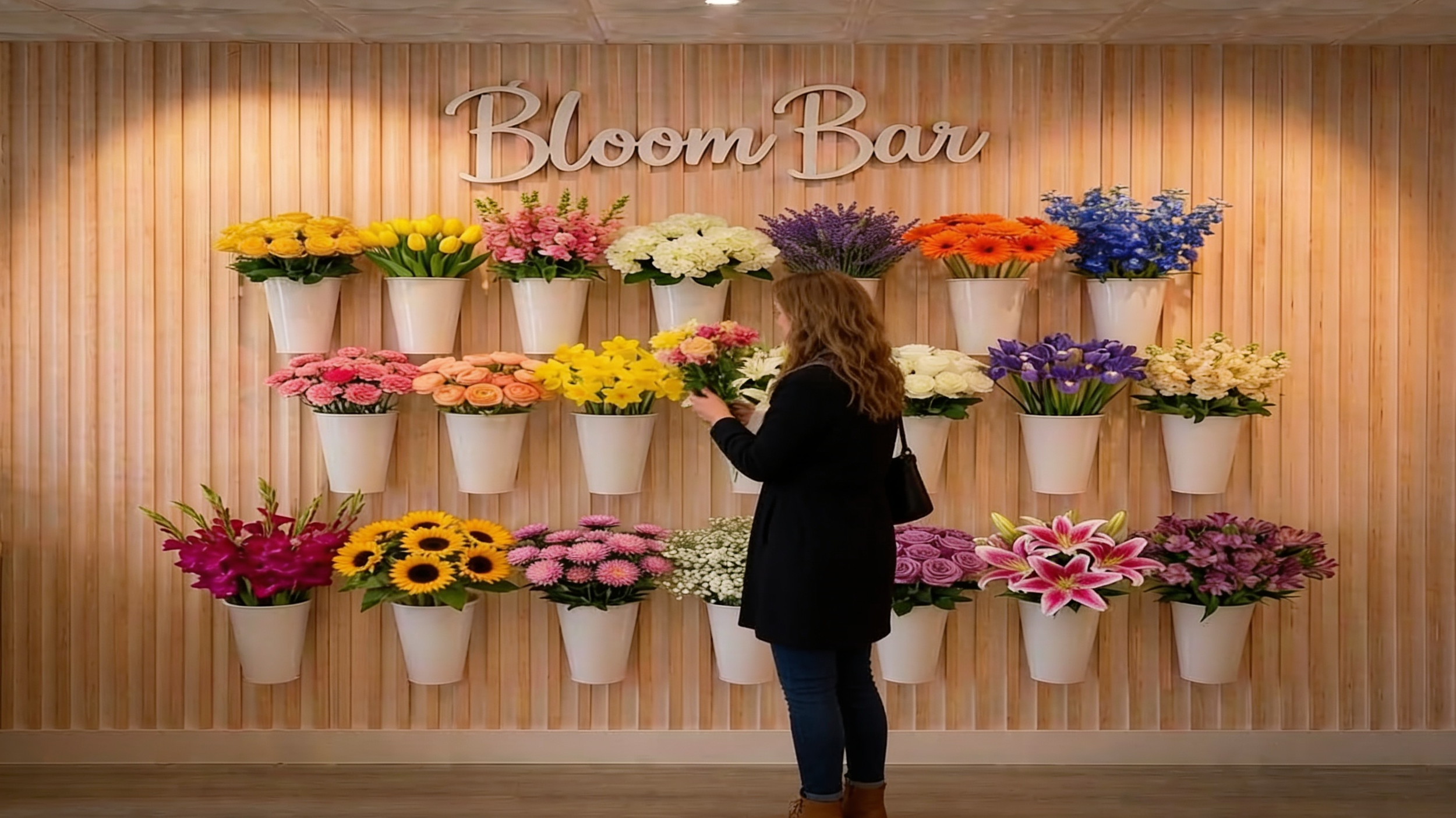 Guest choosing fresh flowers at The Bloom Bar walk-in bouquet experience in Katy TX
