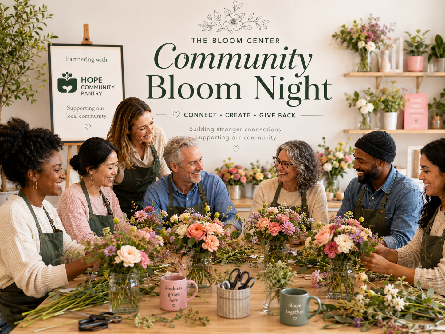 Guests creating flower arrangements together during Community Bloom Night at The Bloom Center in Katy TX, a floral workshop supporting local causes.
