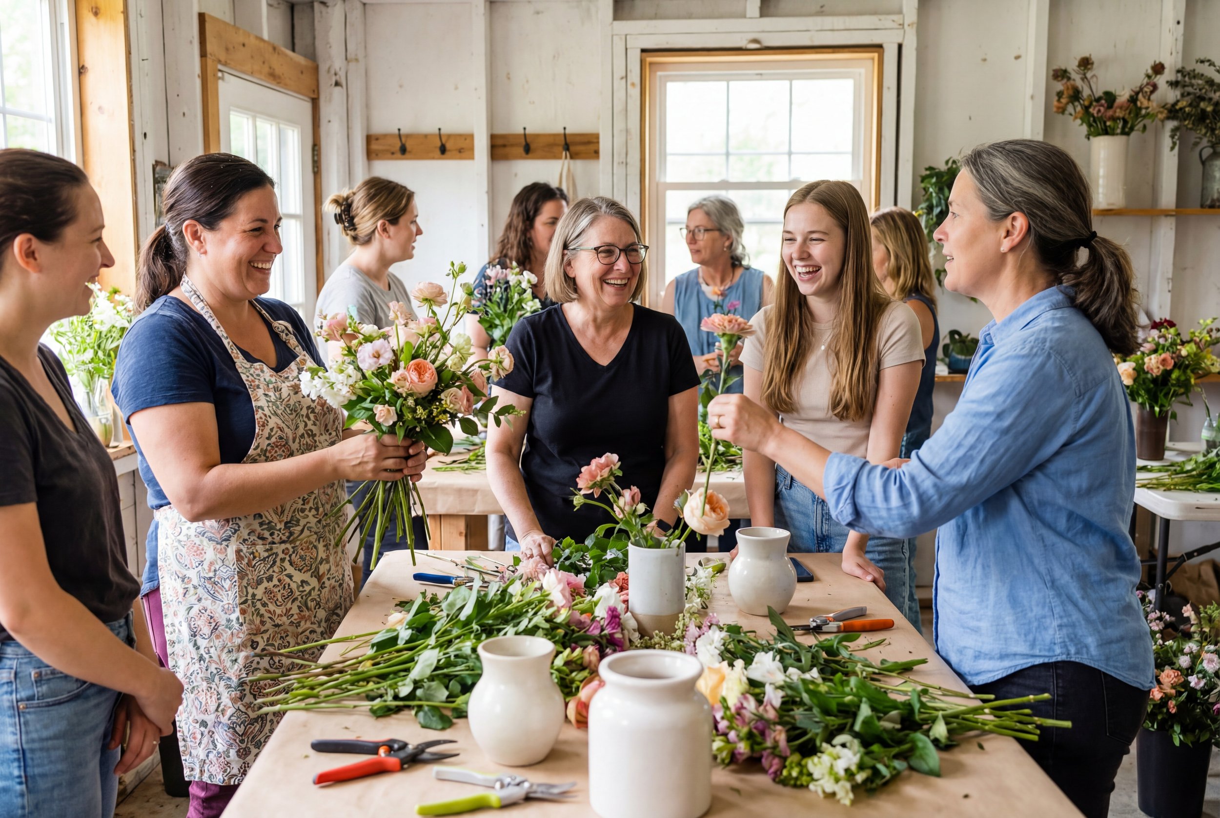 Guests enjoying a floral design experience and flower arranging workshop at The Bloom Center in Katy TX