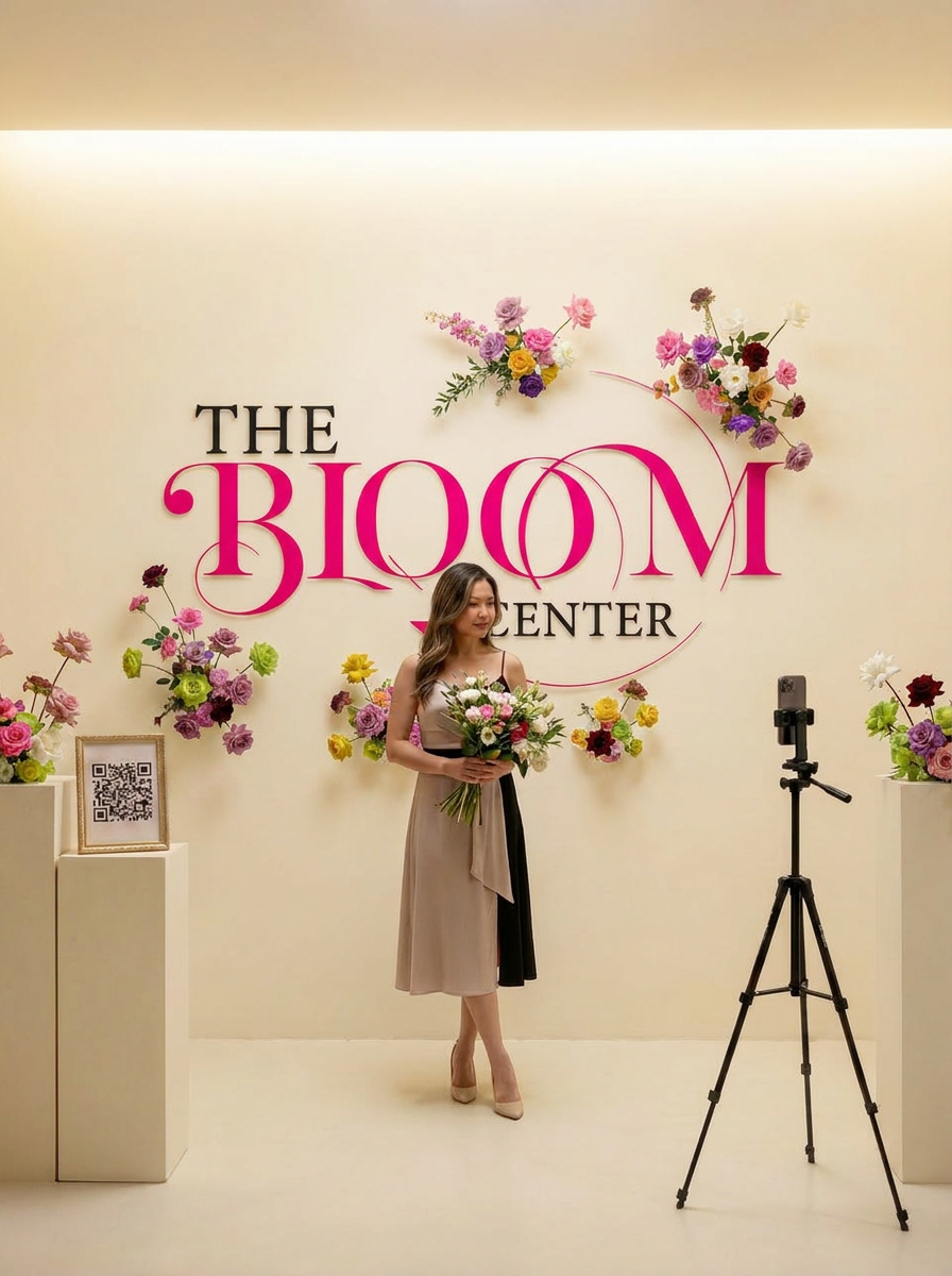 Guest taking photos with their flower arrangement at The Bloom Booth inside The Bloom Center in Katy TX